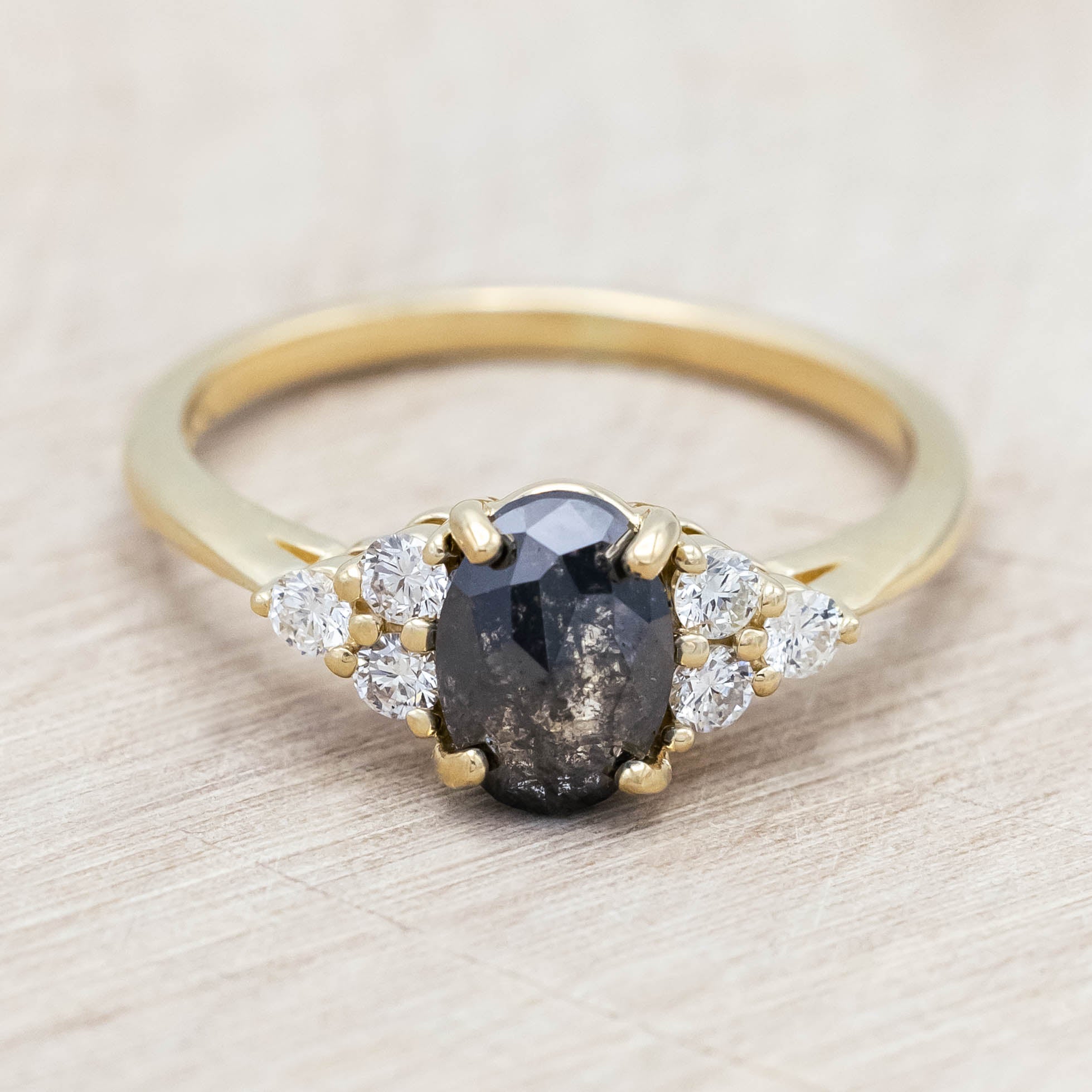 "RHEA" - OVAL ROSECUT SALT & PEPPER DIAMOND ENGAGEMENT RING WITH DIAMOND ACCENTS-Staghead Designs