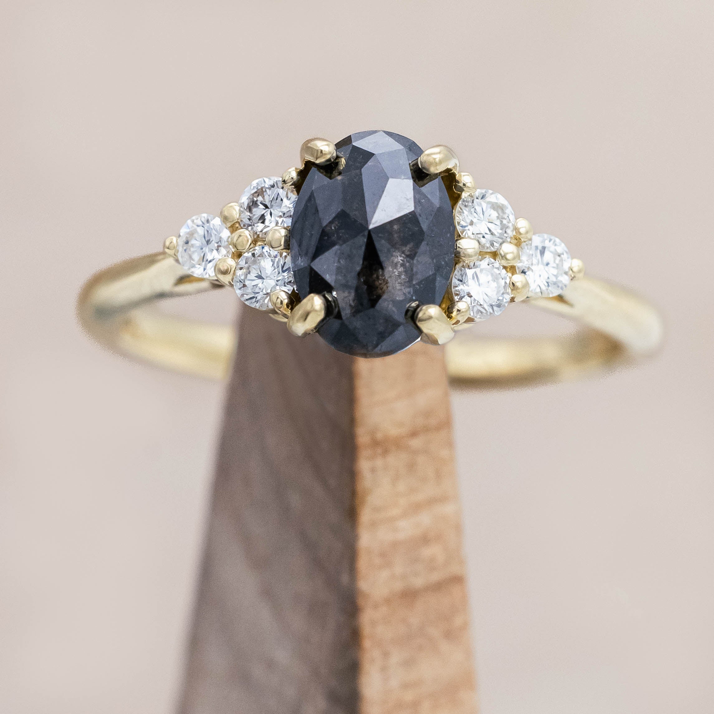 "RHEA" - OVAL ROSECUT SALT & PEPPER DIAMOND ENGAGEMENT RING WITH DIAMOND ACCENTS-Staghead Designs