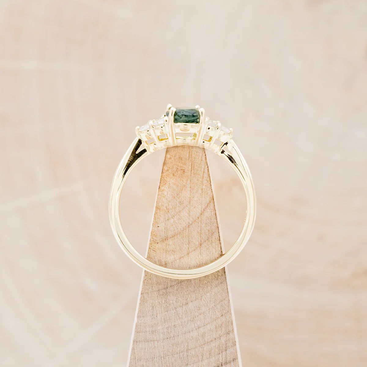 "Rhea" - Oval Cut Moss Agate Engagement Ring With Diamond Accents - 14K Yellow Gold - Size 6 1/2