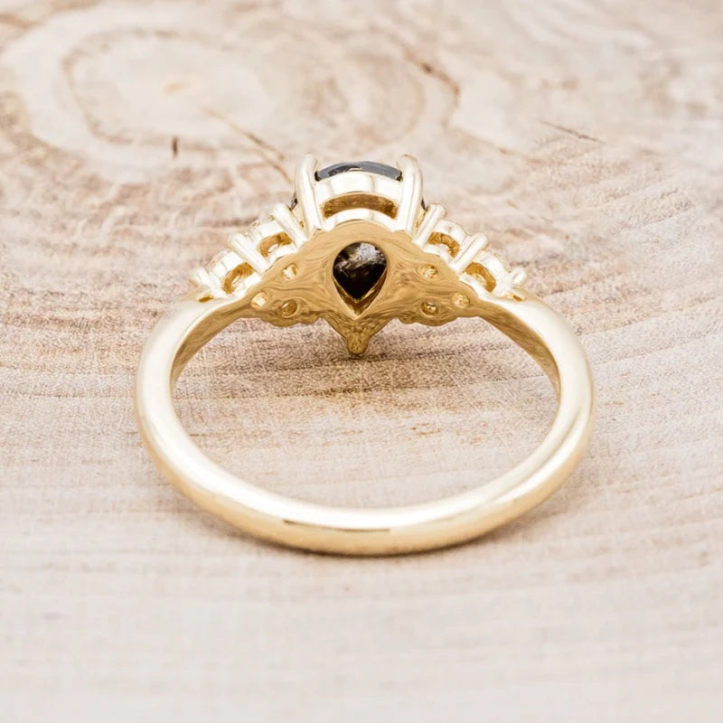 "Rhea" - Pear Rosecut Salt & Pepper Diamond Engagement Ring With Diamond Accents - 14K Yellow Gold - Size 6 1/2