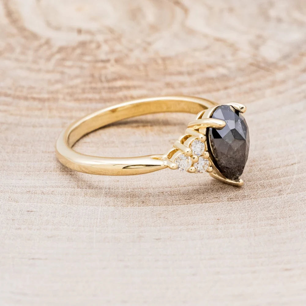 "Rhea" - Pear Rosecut Salt & Pepper Diamond Engagement Ring With Diamond Accents - 14K Yellow Gold - Size 6 1/2