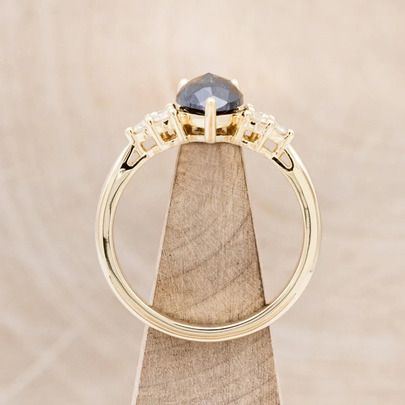 "Rhea" - Pear Rosecut Salt & Pepper Diamond Engagement Ring With Diamond Accents - 14K Yellow Gold - Size 6 1/2