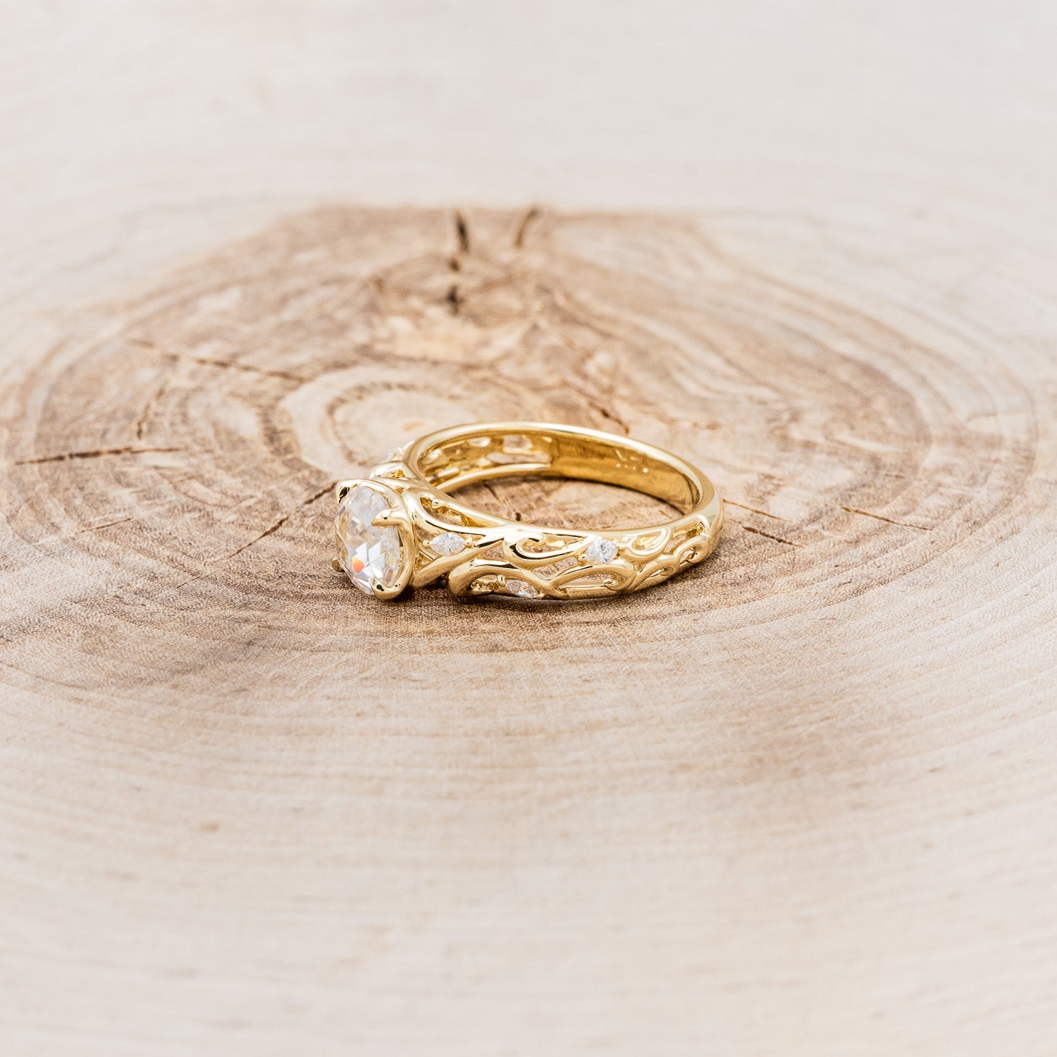 "LADY" - ROUND ROSE-CUT MOISSANITE FILIGREE ENGAGEMENT RING WITH DIAMOND ACCENTS-3