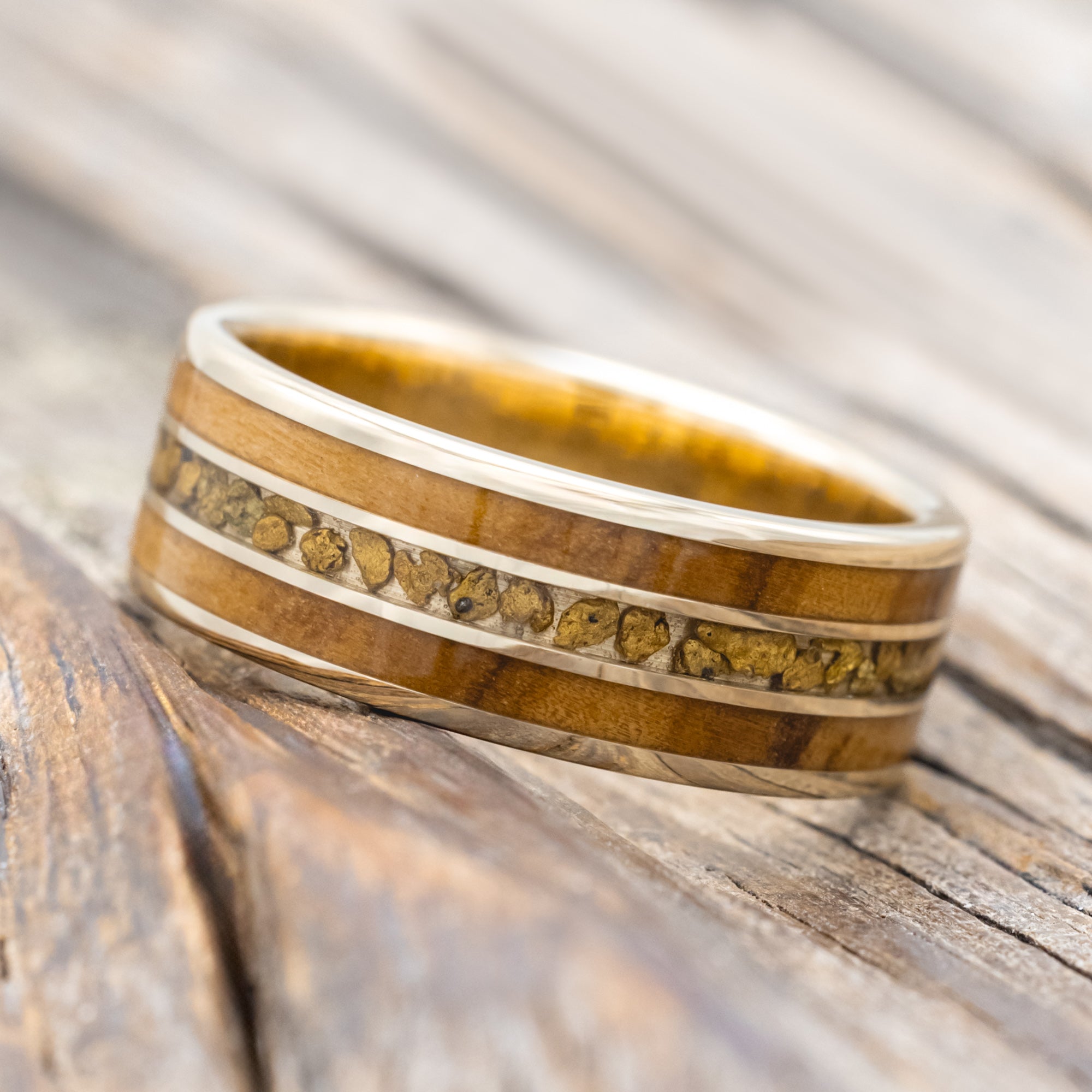 "RIO" - OLIVE WOOD & GOLD NUGGETS WEDDING BAND-Staghead Designs
