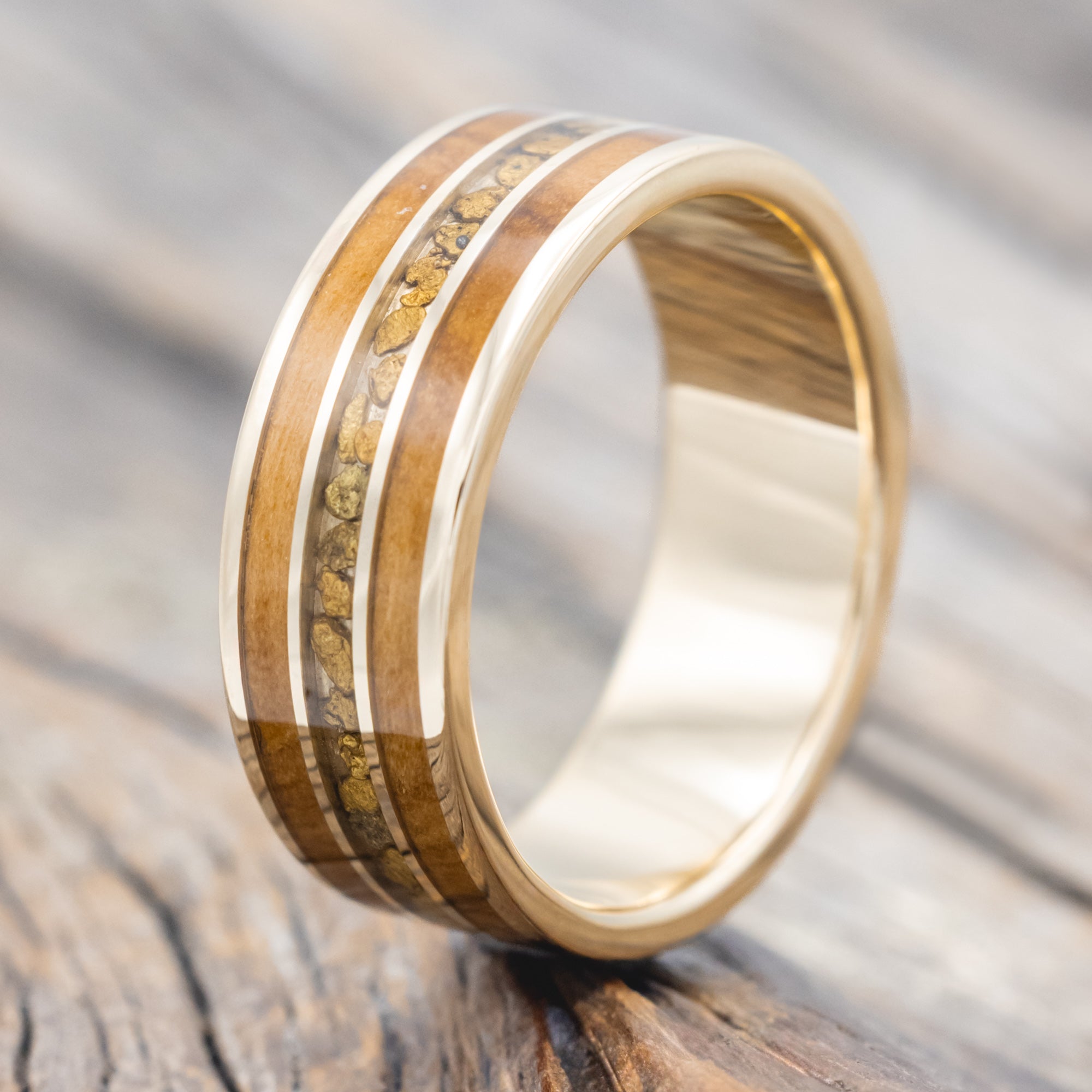 "RIO" - OLIVE WOOD & GOLD NUGGETS WEDDING BAND-Staghead Designs