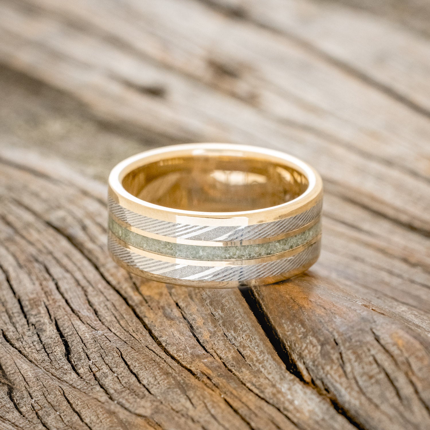 "RIO" - MOLDAVITE & DAMASCUS STEEL INLAYS WEDDING RING FEATURING A 14K GOLD BAND-6