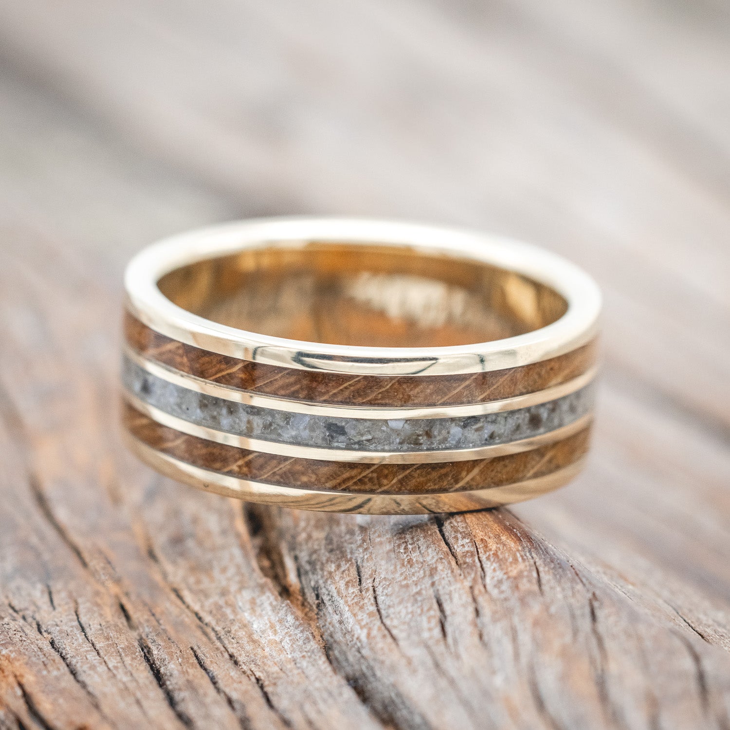 "RIO" - WHISKEY BARREL OAK & CRUSHED BLACK PEARL WEDDING RING-Staghead Designs