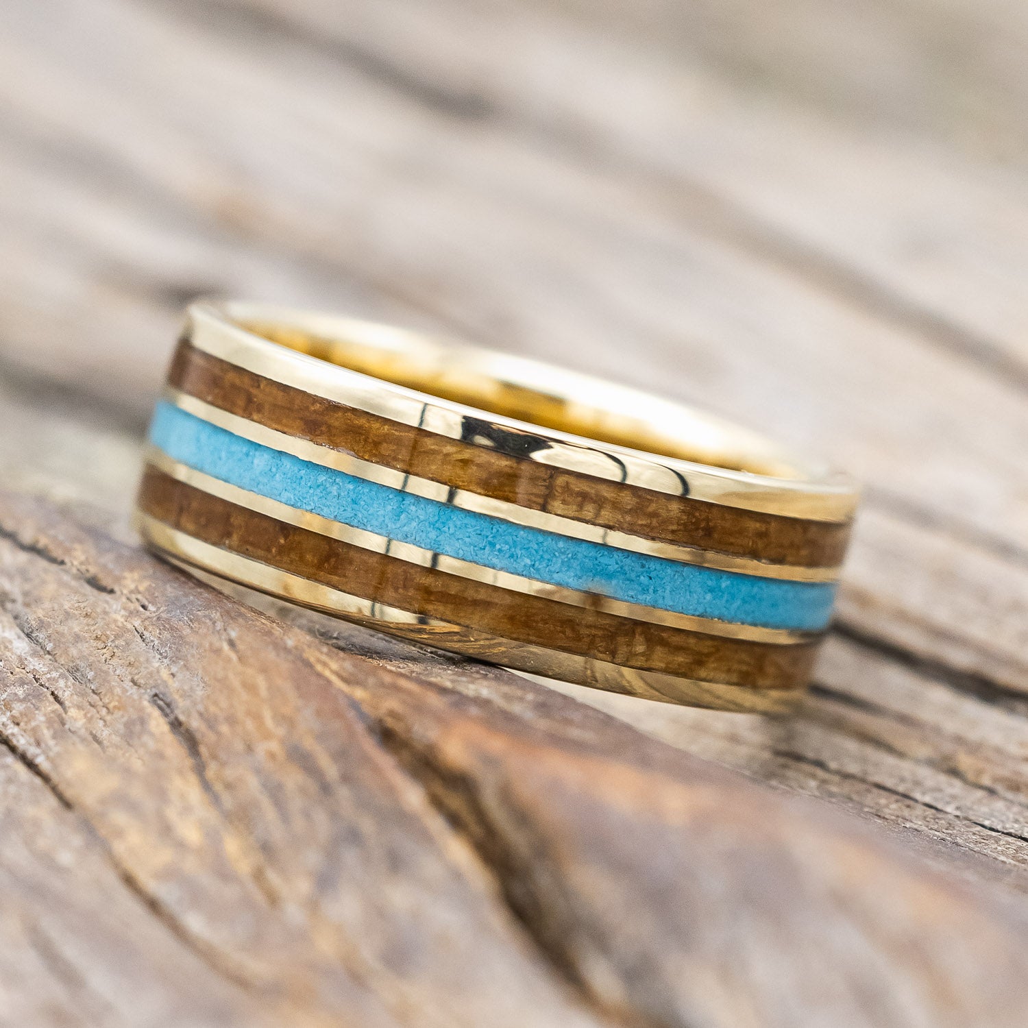 "RIO" - WHISKEY BARREL OAK & TURQUOISE WEDDING RING FEATURING A 14K GOLD BAND-Staghead Designs