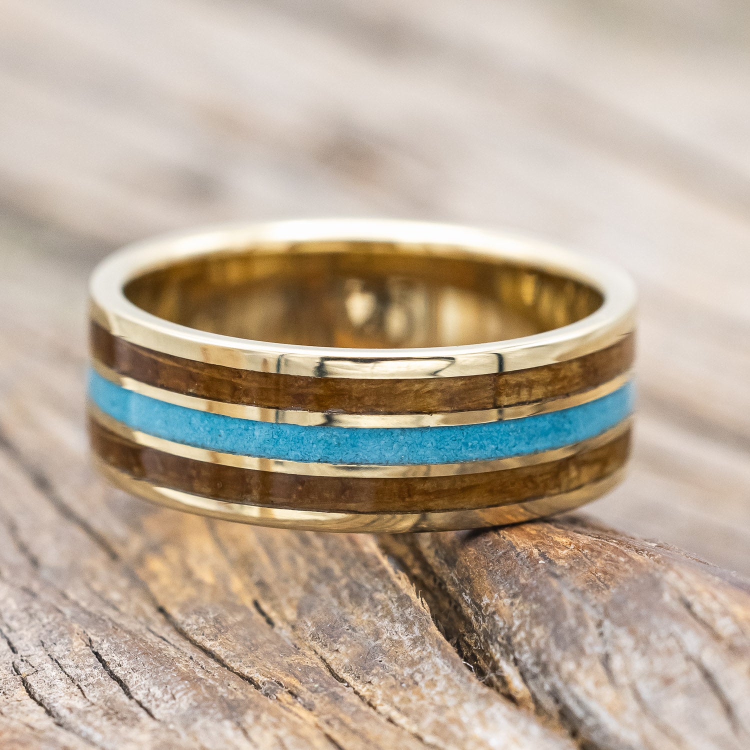 "RIO" - WHISKEY BARREL OAK & TURQUOISE WEDDING RING FEATURING A 14K GOLD BAND-Staghead Designs