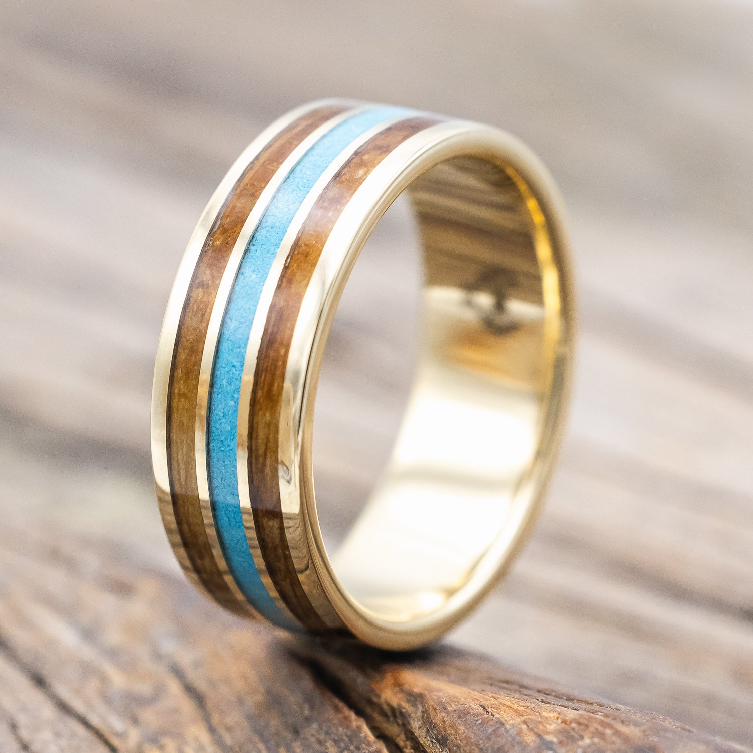 "RIO" - WHISKEY BARREL OAK & TURQUOISE WEDDING RING FEATURING A 14K GOLD BAND-Staghead Designs