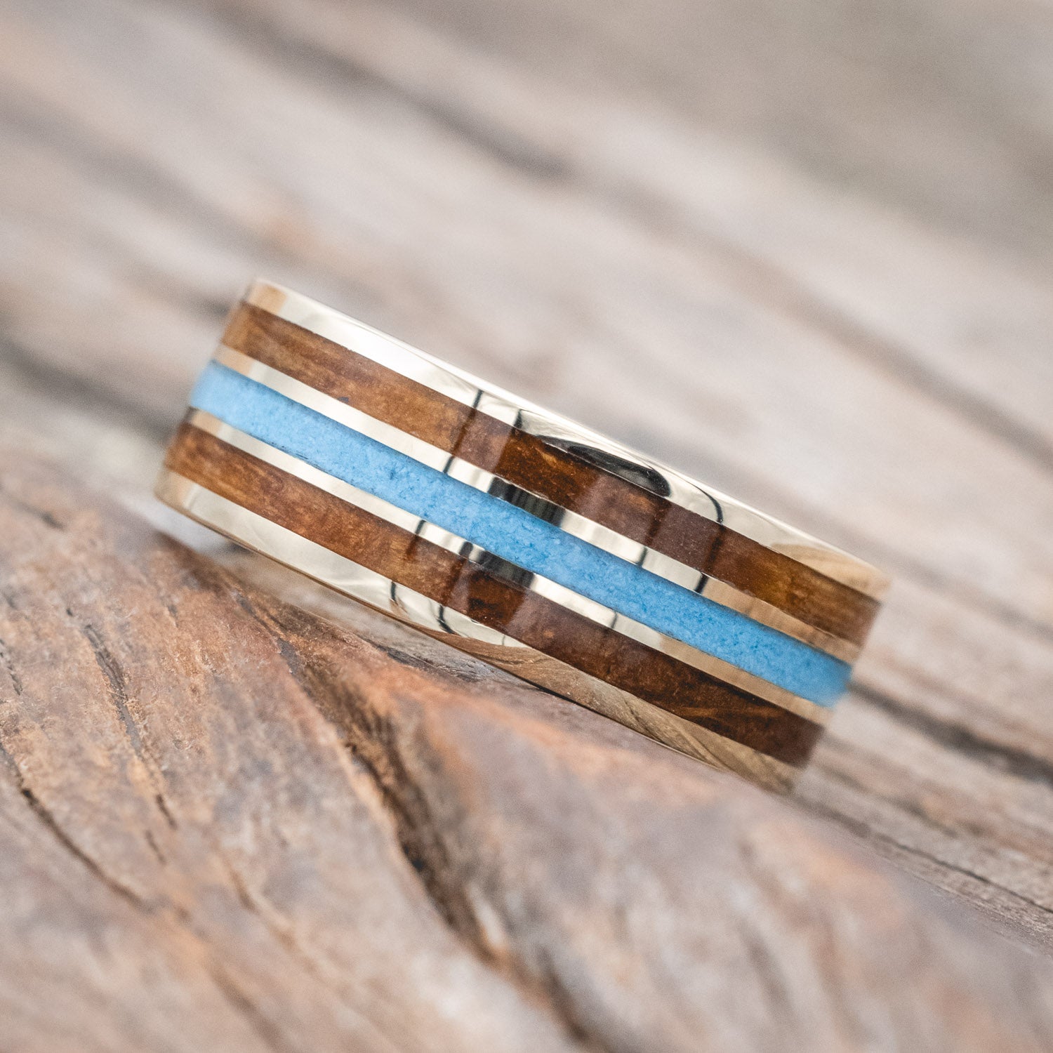 "RIO" - WHISKEY BARREL OAK & TURQUOISE WEDDING RING FEATURING A 14K GOLD BAND-Staghead Designs