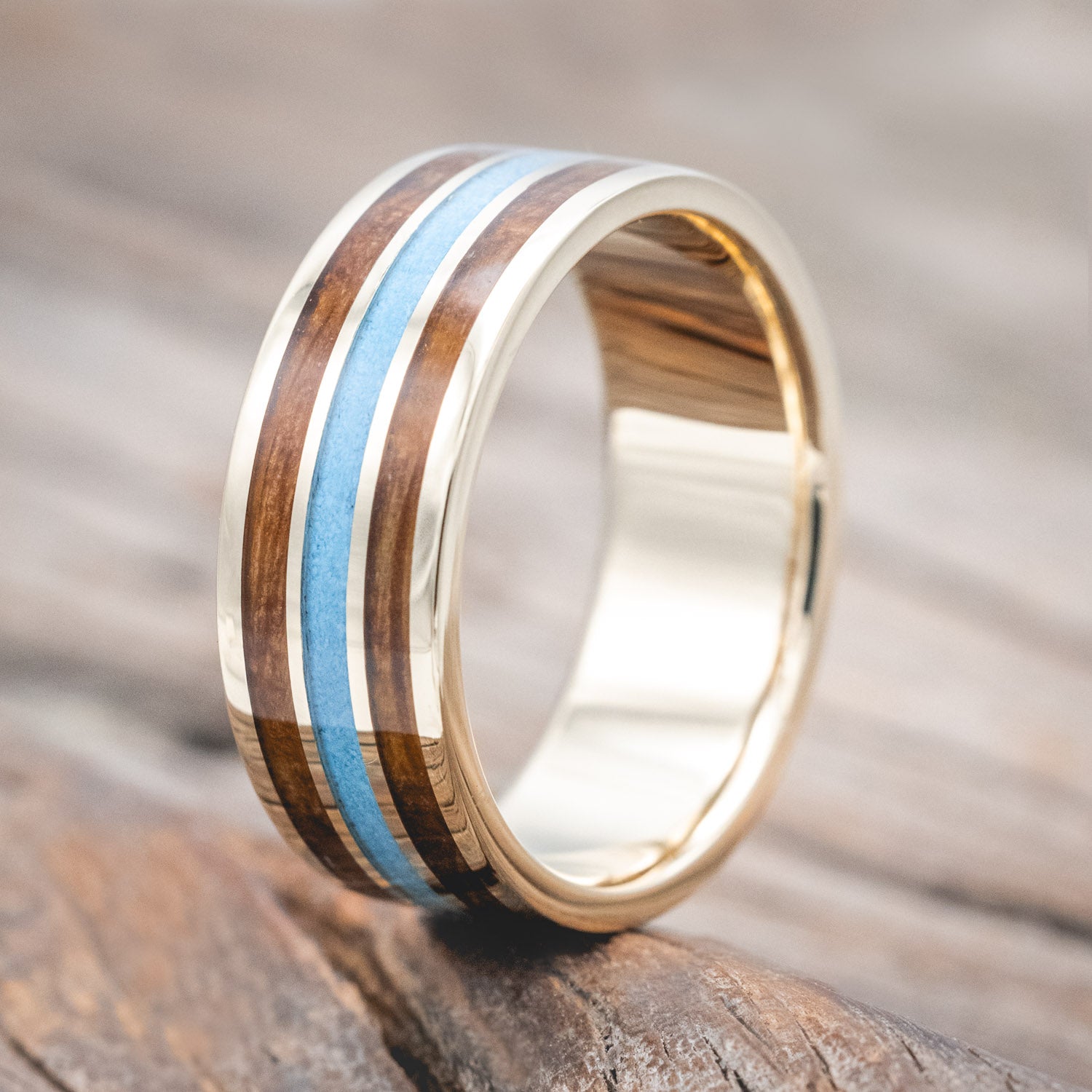 "RIO" - WHISKEY BARREL OAK & TURQUOISE WEDDING RING FEATURING A 14K GOLD BAND-Staghead Designs
