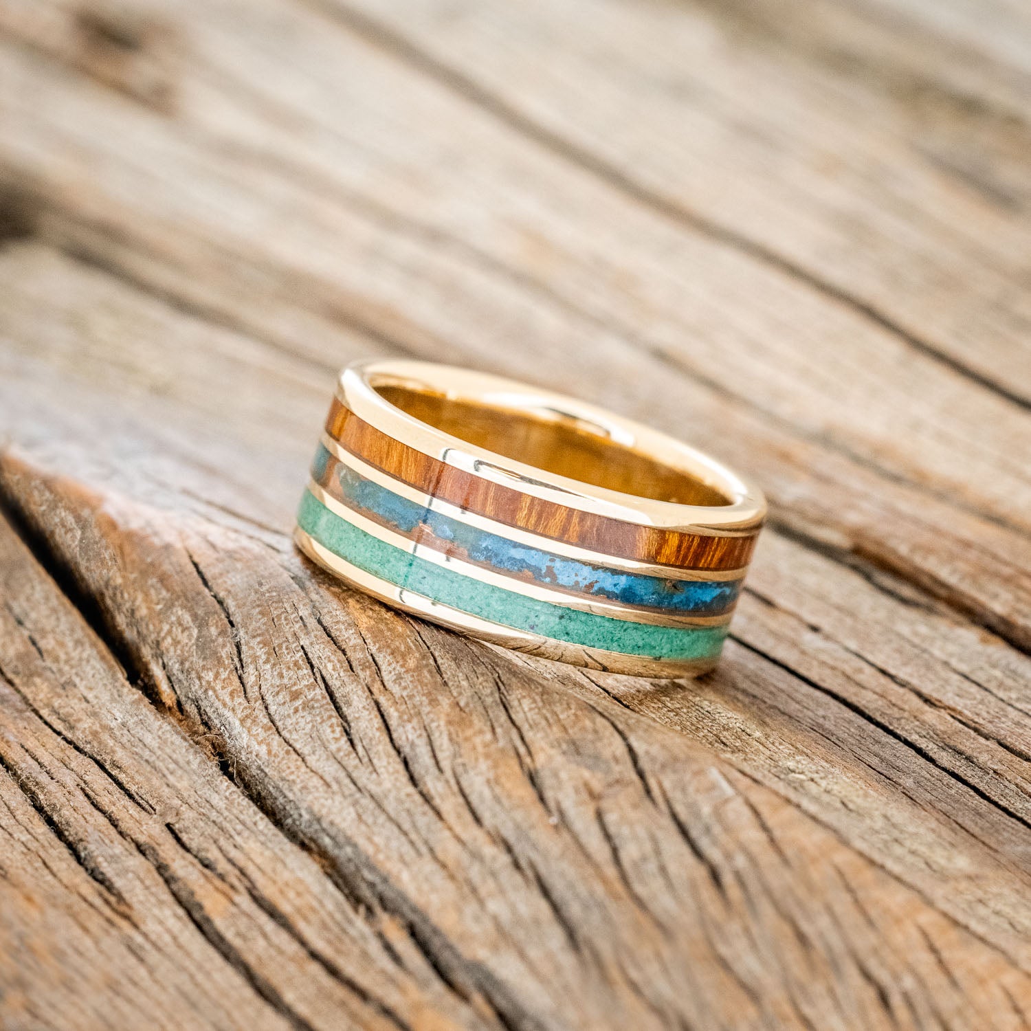 "RIO" - IRONWOOD, PATINA COPPER & MALACHITE WEDDING BAND-2