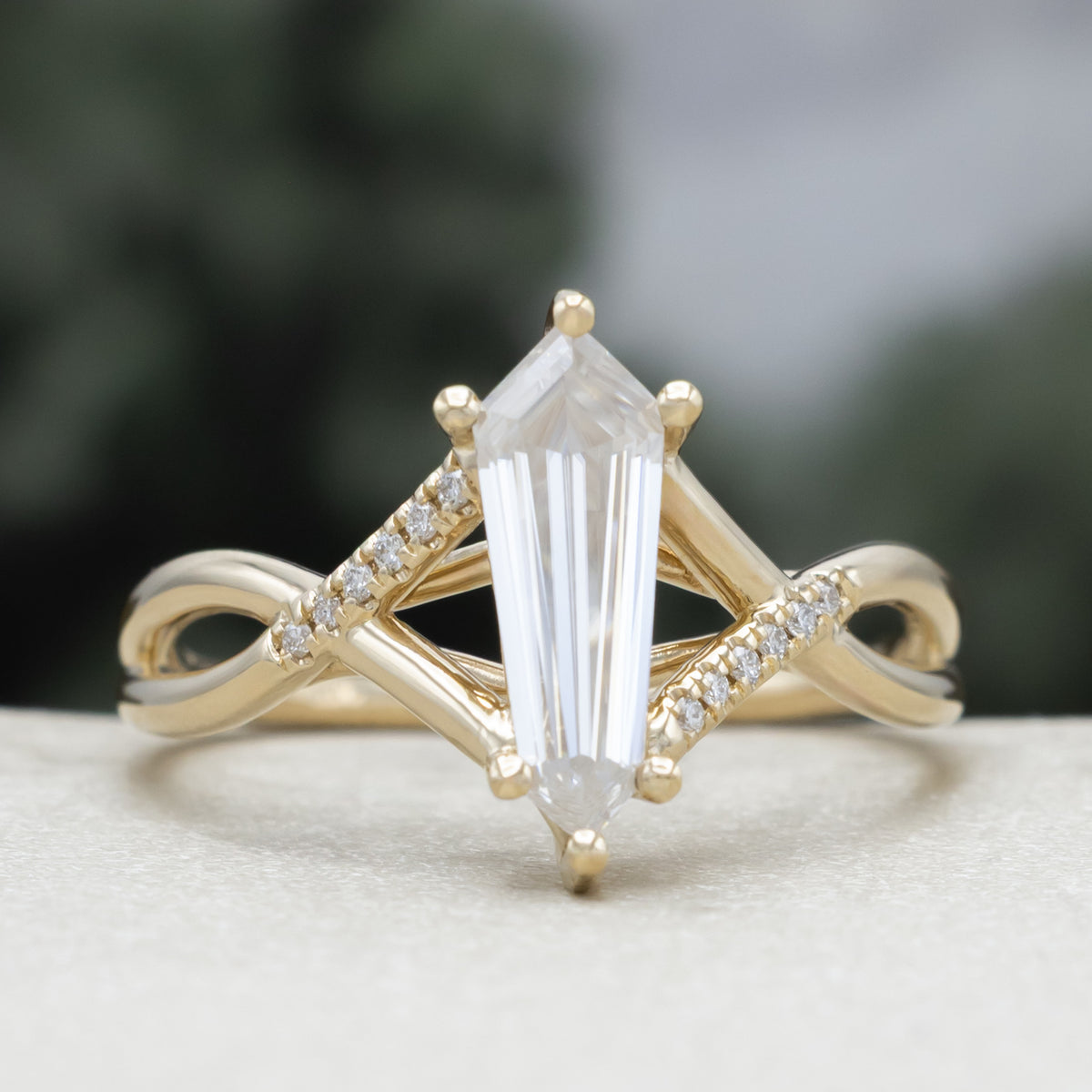 "Roslyn" - Dagger Cut Moissanite Engagement Ring With Diamond Accents-Staghead Designs