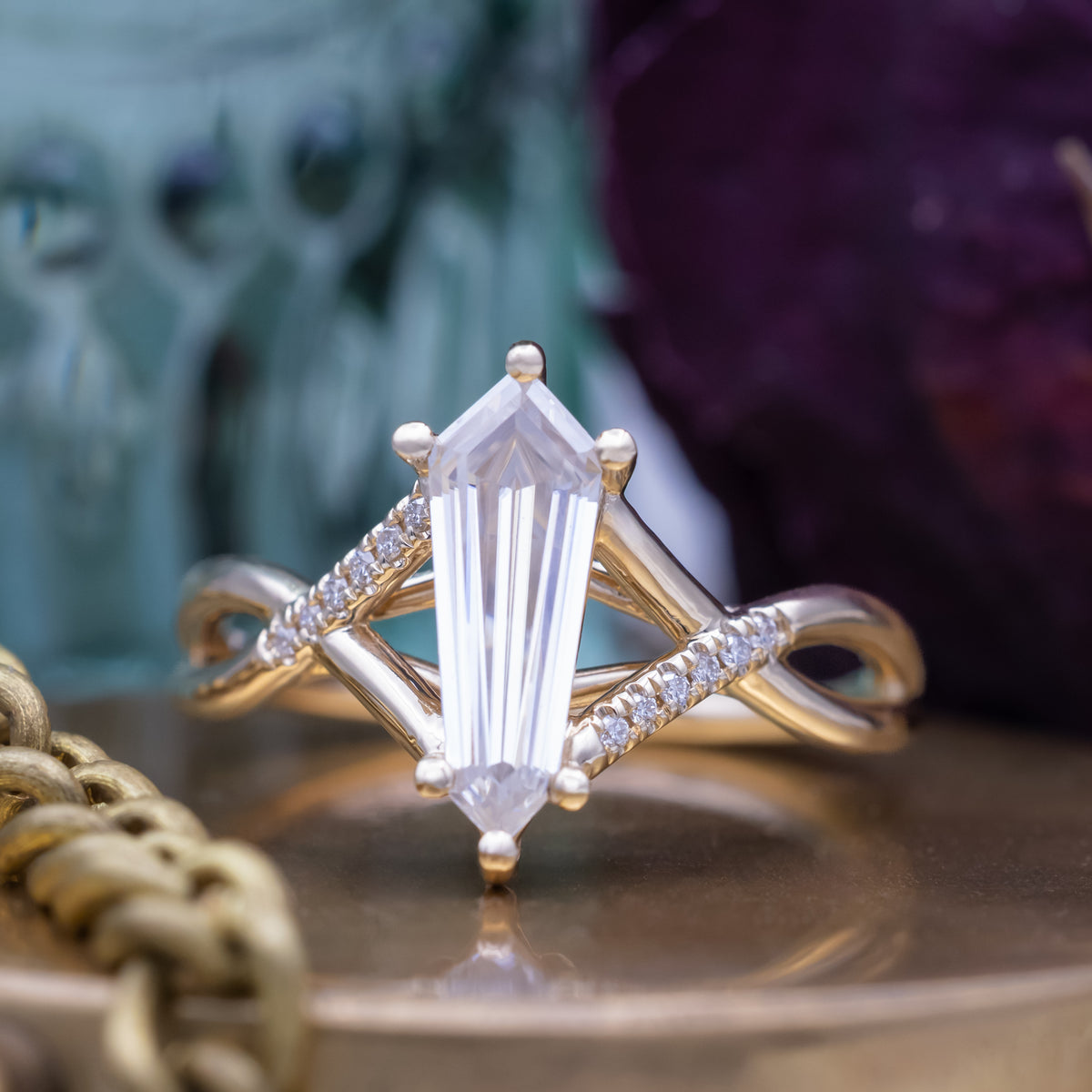 "Roslyn" - Dagger Cut Moissanite Engagement Ring With Diamond Accents-Staghead Designs