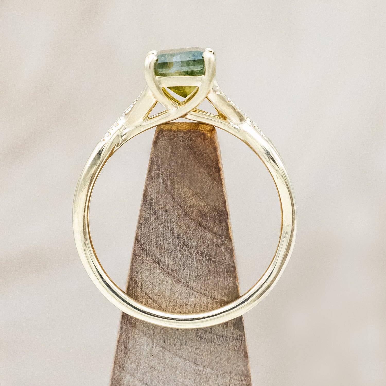 Top view of "Roslyn" - emerald cut moss agate women's engagement ring with diamond accents