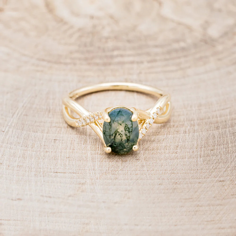 "ROSLYN" - OVAL MOSS AGATE ENGAGEMENT RING WITH DIAMOND ACCENTS - READY TO SHIP-Staghead Designs