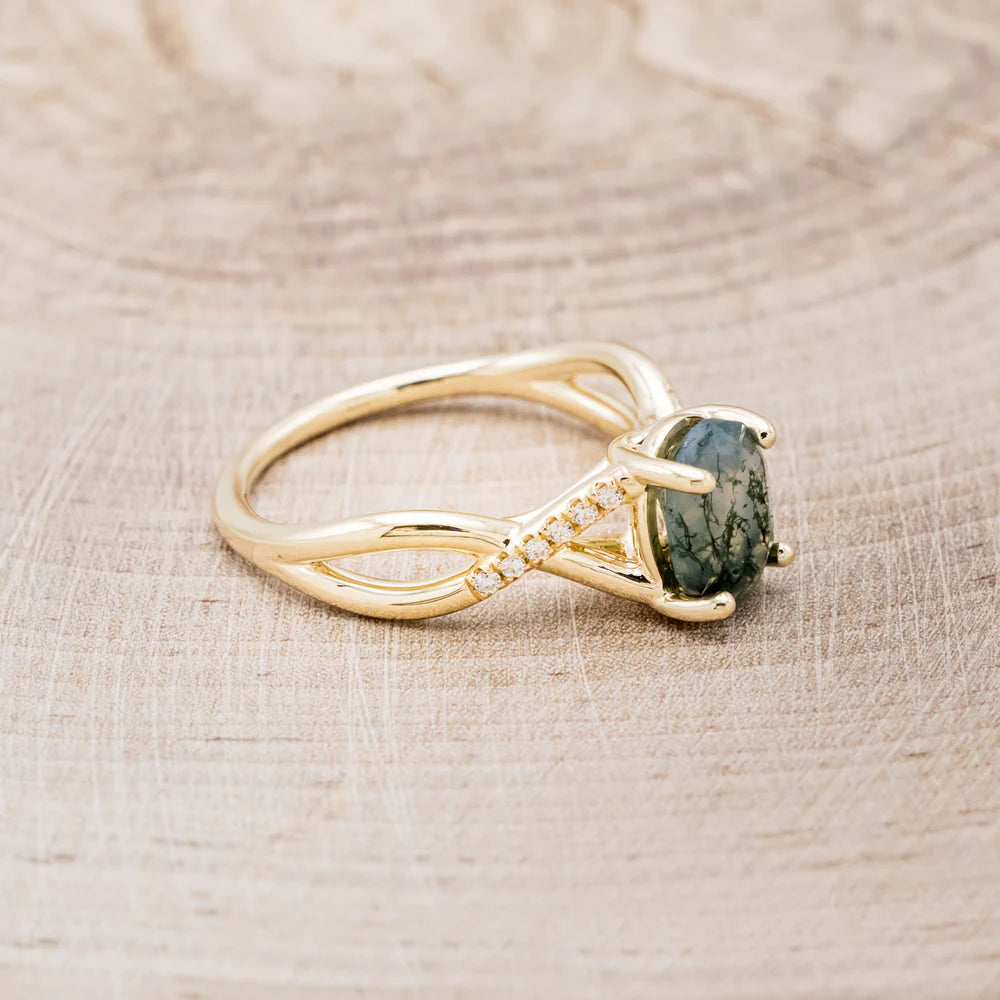 "ROSLYN" - OVAL MOSS AGATE ENGAGEMENT RING WITH DIAMOND ACCENTS - READY TO SHIP-Staghead Designs