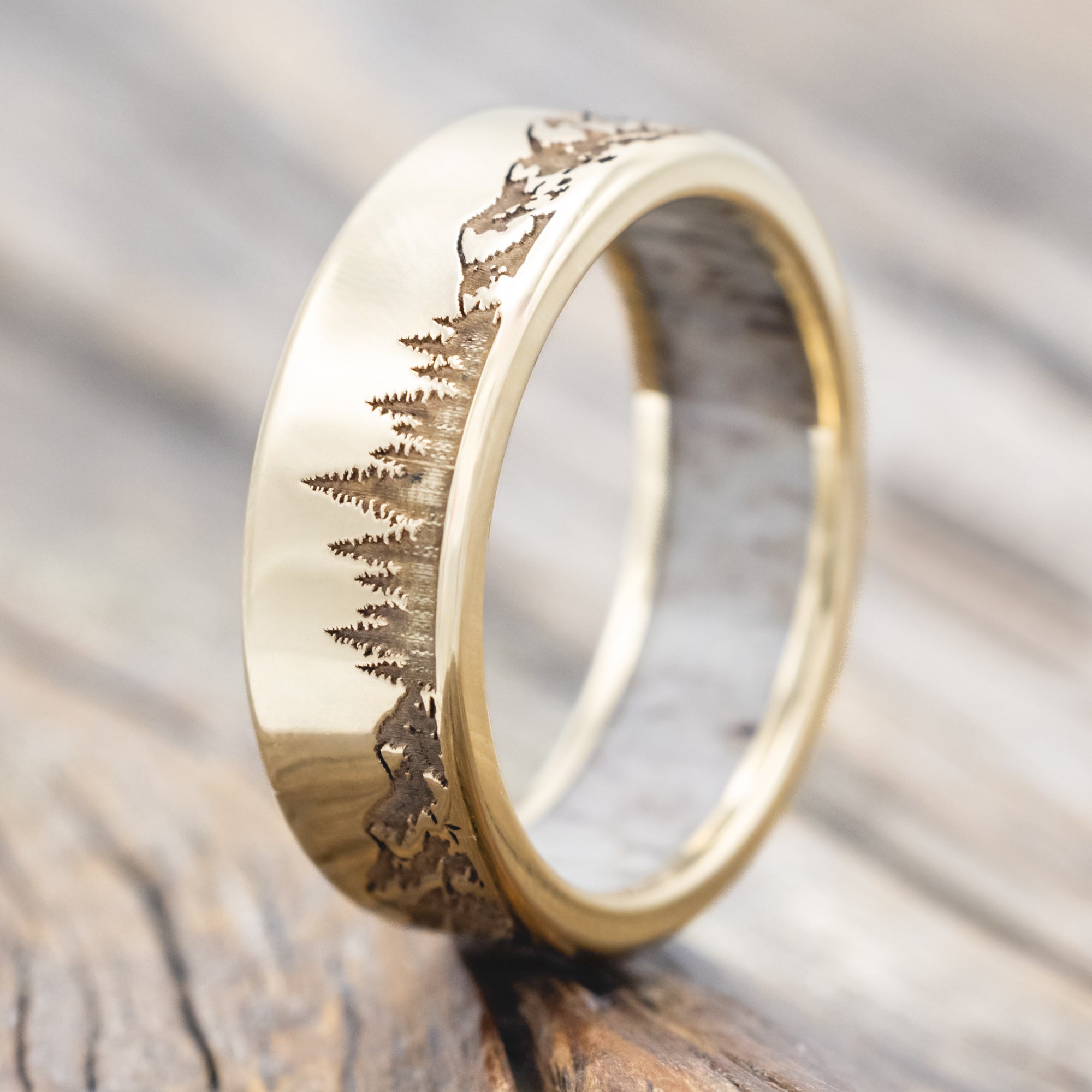 "ROSS" - MOUNTAIN & FOREST ENGRAVED WEDDING BAND WITH CUSTOM LINING-Staghead Designs