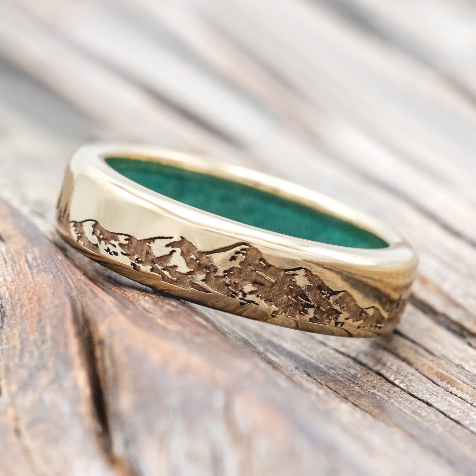 "ROSS" - MOUNTAIN & FOREST ENGRAVED WEDDING BAND WITH CUSTOM LINING-Staghead Designs