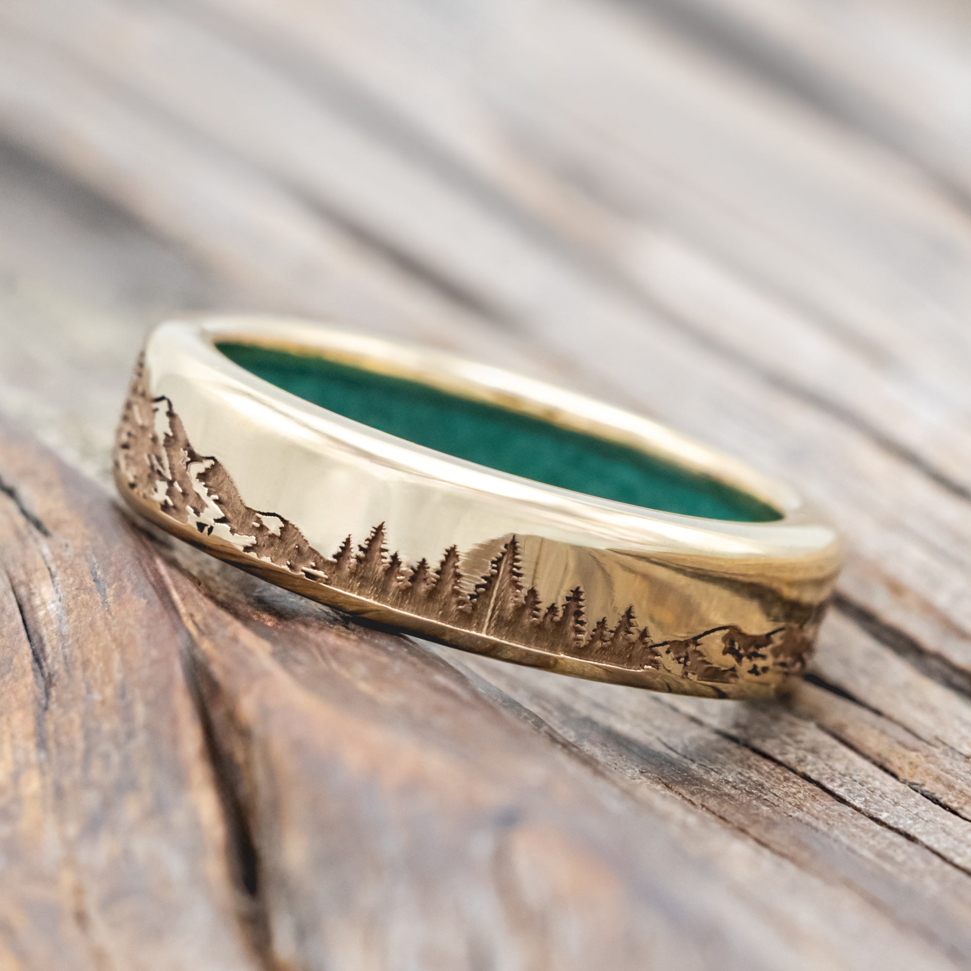 "ROSS" - MOUNTAIN & FOREST ENGRAVED WEDDING BAND WITH CUSTOM LINING-Staghead Designs
