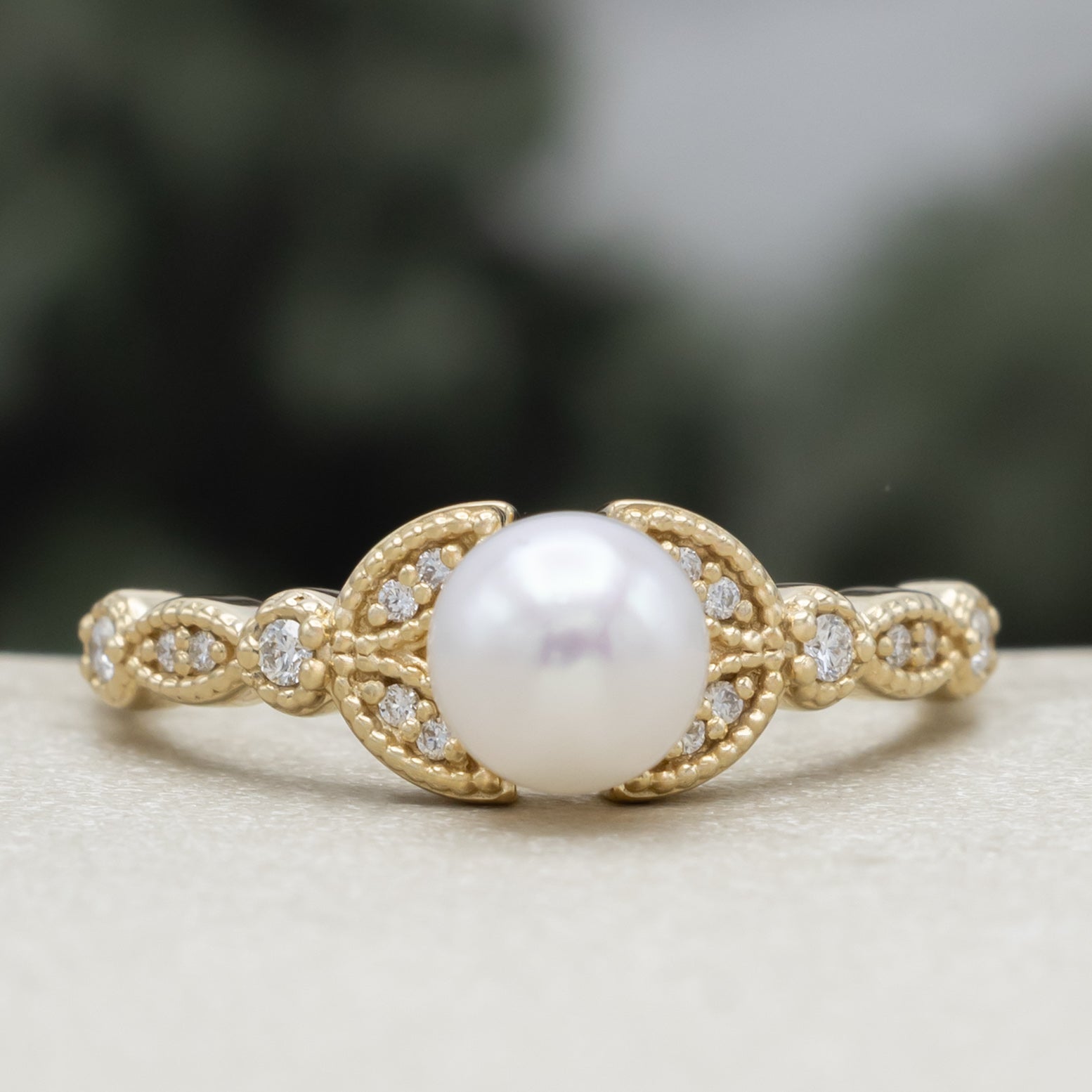 "Calypso" - Round Akoya Pearl Engagement Ring With Diamond Accents-Staghead Designs