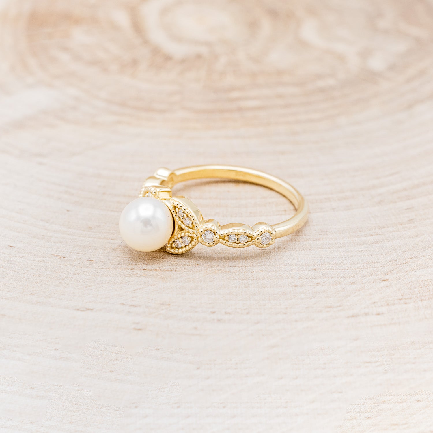 ROUND AKOYA PEARL ENGAGEMENT RING WITH DIAMOND ACCENTS-Staghead Designs