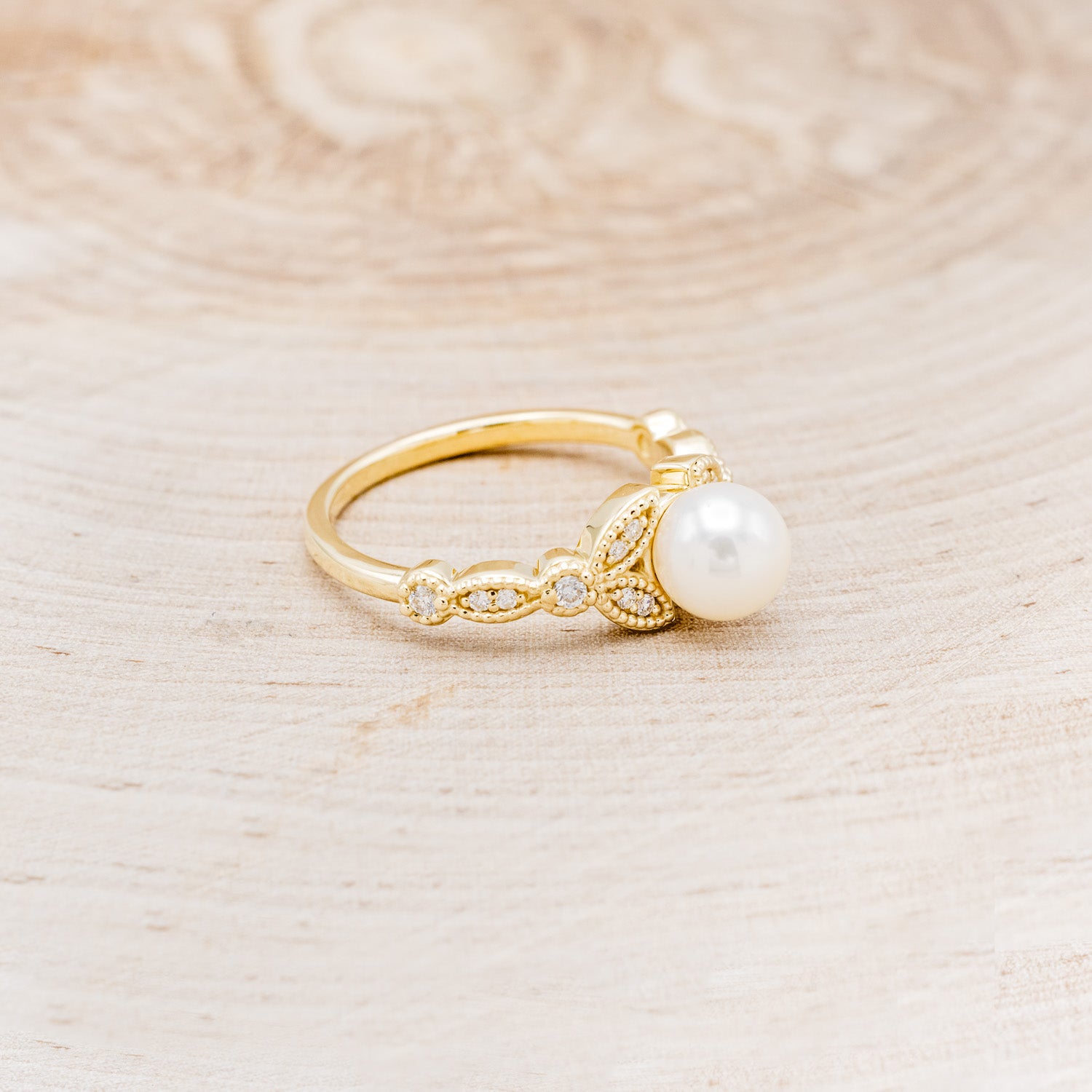 ROUND AKOYA PEARL ENGAGEMENT RING WITH DIAMOND ACCENTS-Staghead Designs