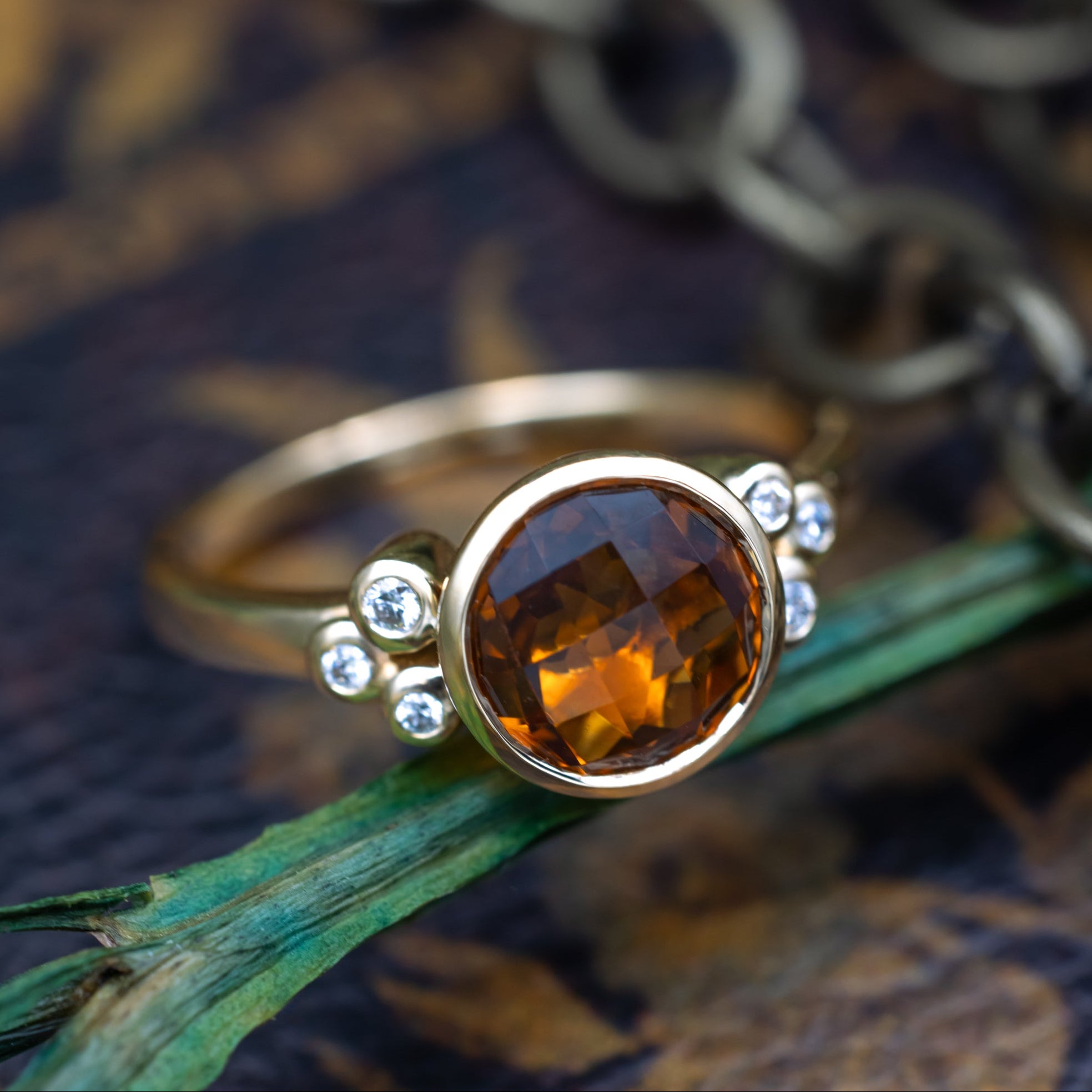 "Ondine" - Round Checkerboard Cut Citrine Engagement Ring With Diamond Accents-Staghead Designs