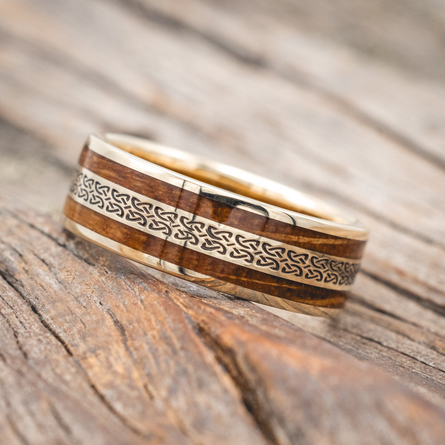 "RYDER" - CELTIC LOVE KNOT ENGRAVED & WHISKEY BARREL OAK WEDDING RING-Staghead Designs