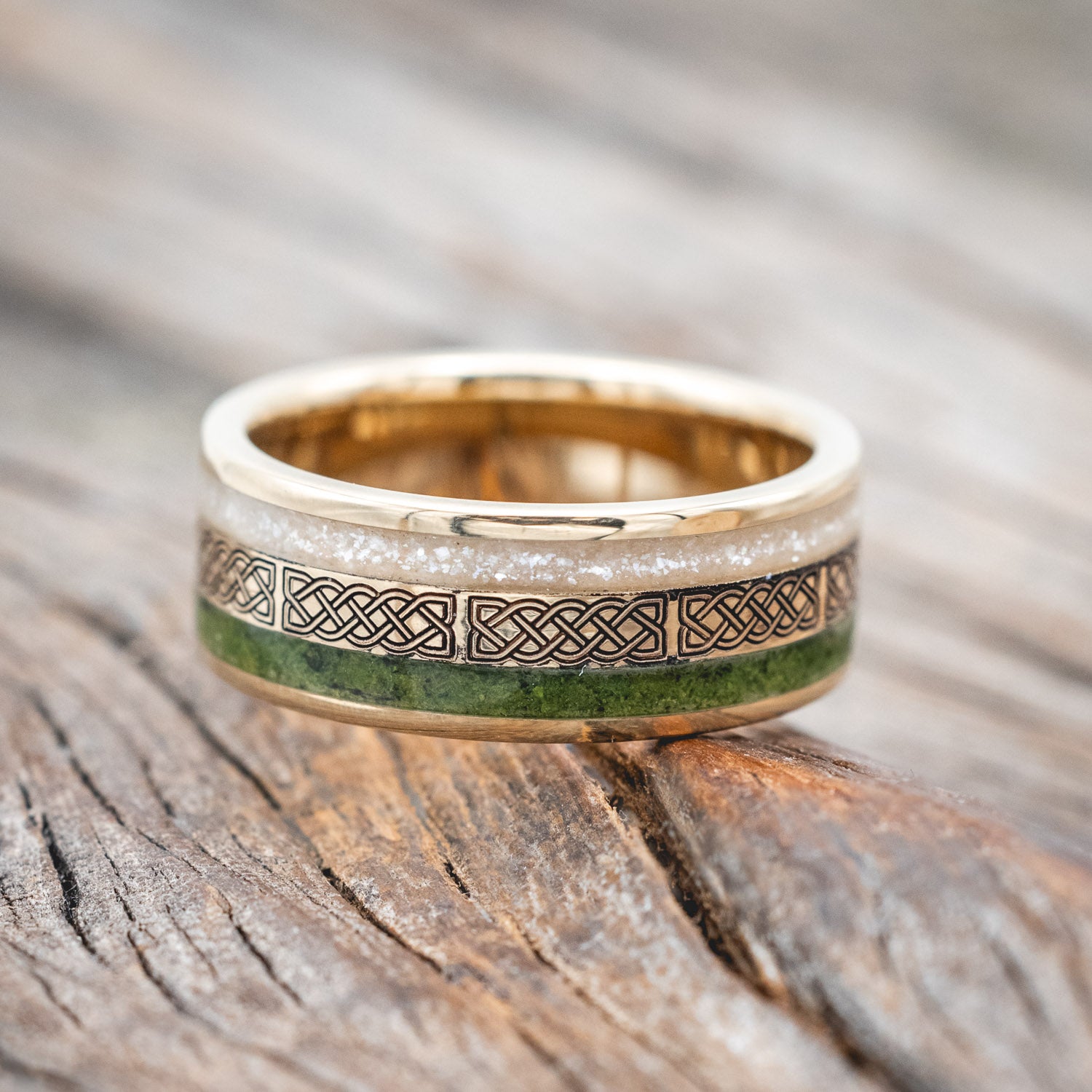 "RYDER" - CELTIC SAILOR'S KNOT ENGRAVED, DIAMOND DUST & MOSS WEDDING RING-Staghead Designs