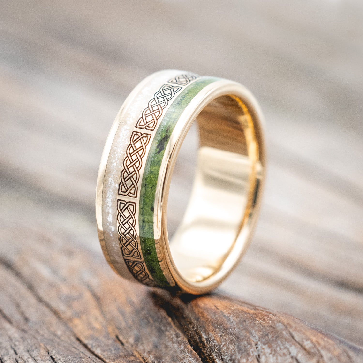 "RYDER" - CELTIC SAILOR'S KNOT ENGRAVED, DIAMOND DUST & MOSS WEDDING RING-Staghead Designs