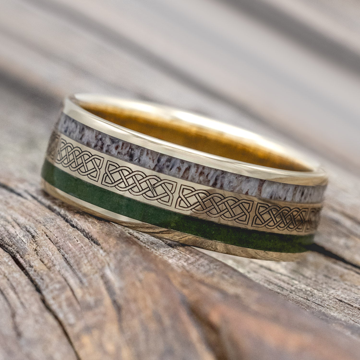 "RYDER" - CELTIC SAILOR'S KNOT ENGRAVED WEDDING BAND WITH ANTLER & MOSS-Staghead Designs