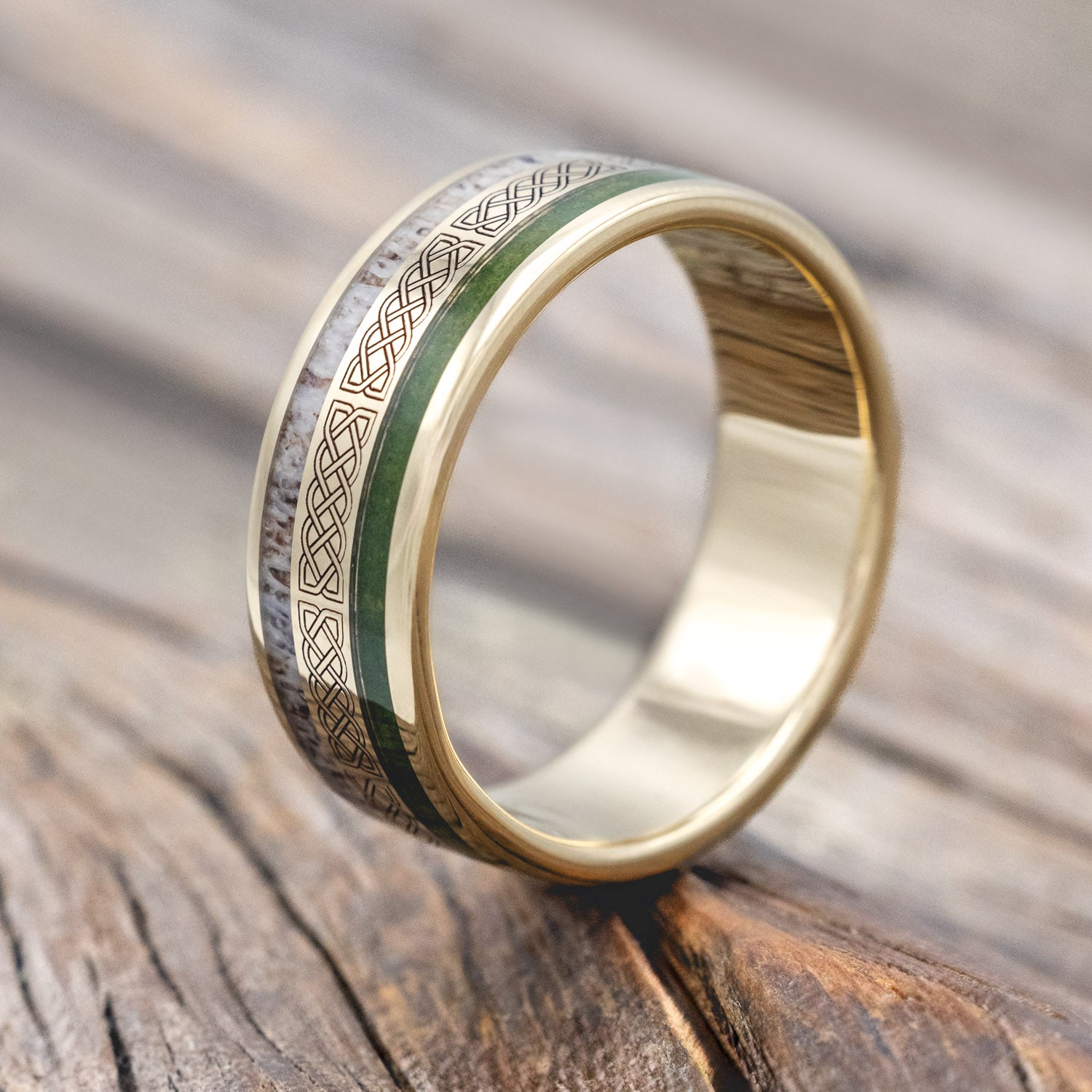 "RYDER" - CELTIC SAILOR'S KNOT ENGRAVED WEDDING BAND WITH ANTLER & MOSS-Staghead Designs