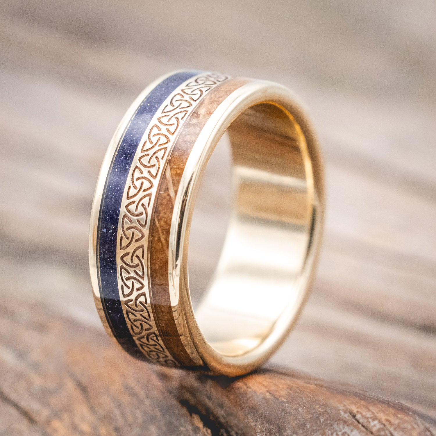 "RYDER" - CELTIC TRIQUETRA KNOT ENGRAVED, WHISKEY BARREL OAK & BLUE GOLDSTONE WEDDING RING-Staghead Designs