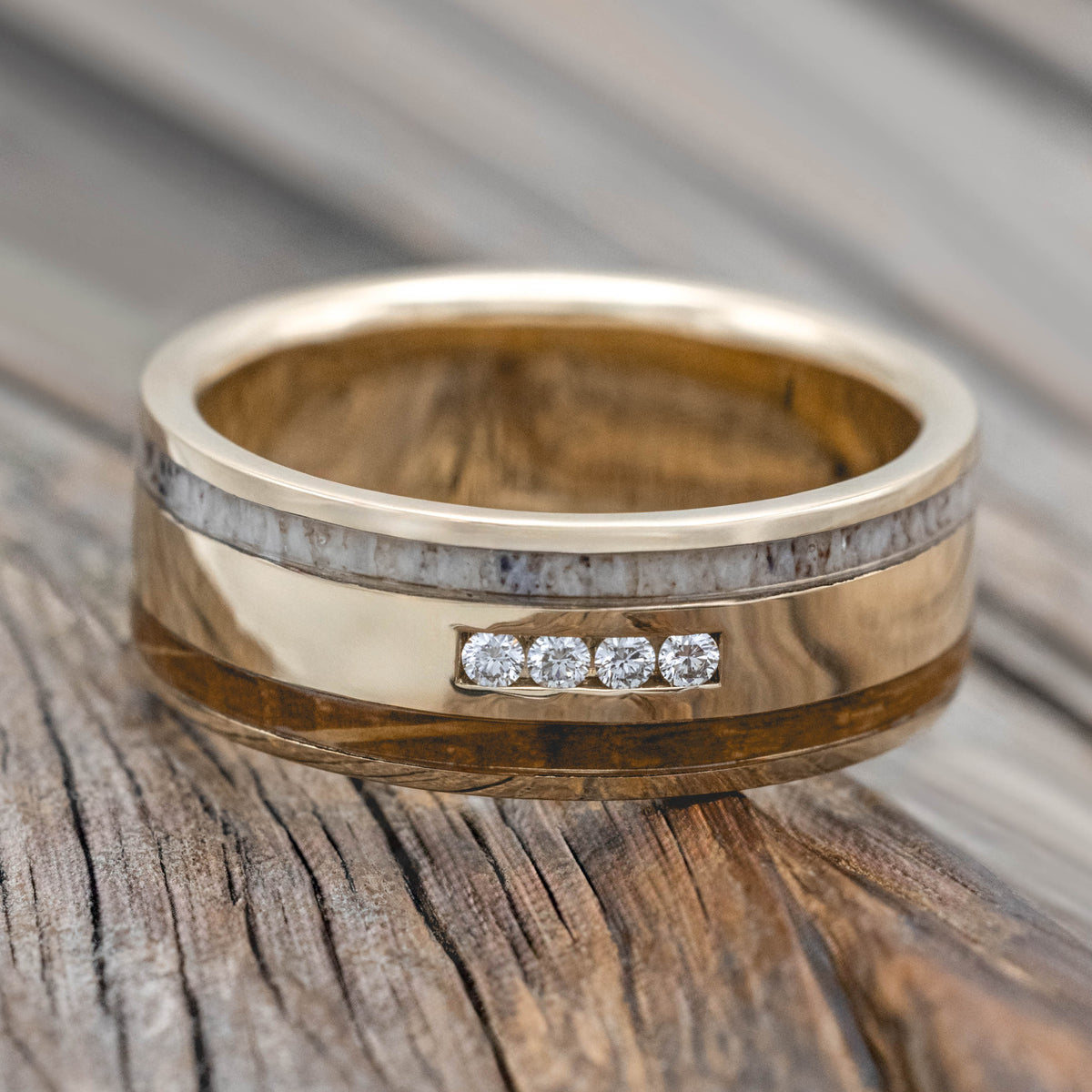 "RYDER" - DIAMONDS, WHISKEY BARREL & ANTLER WEDDING BAND-Staghead Designs