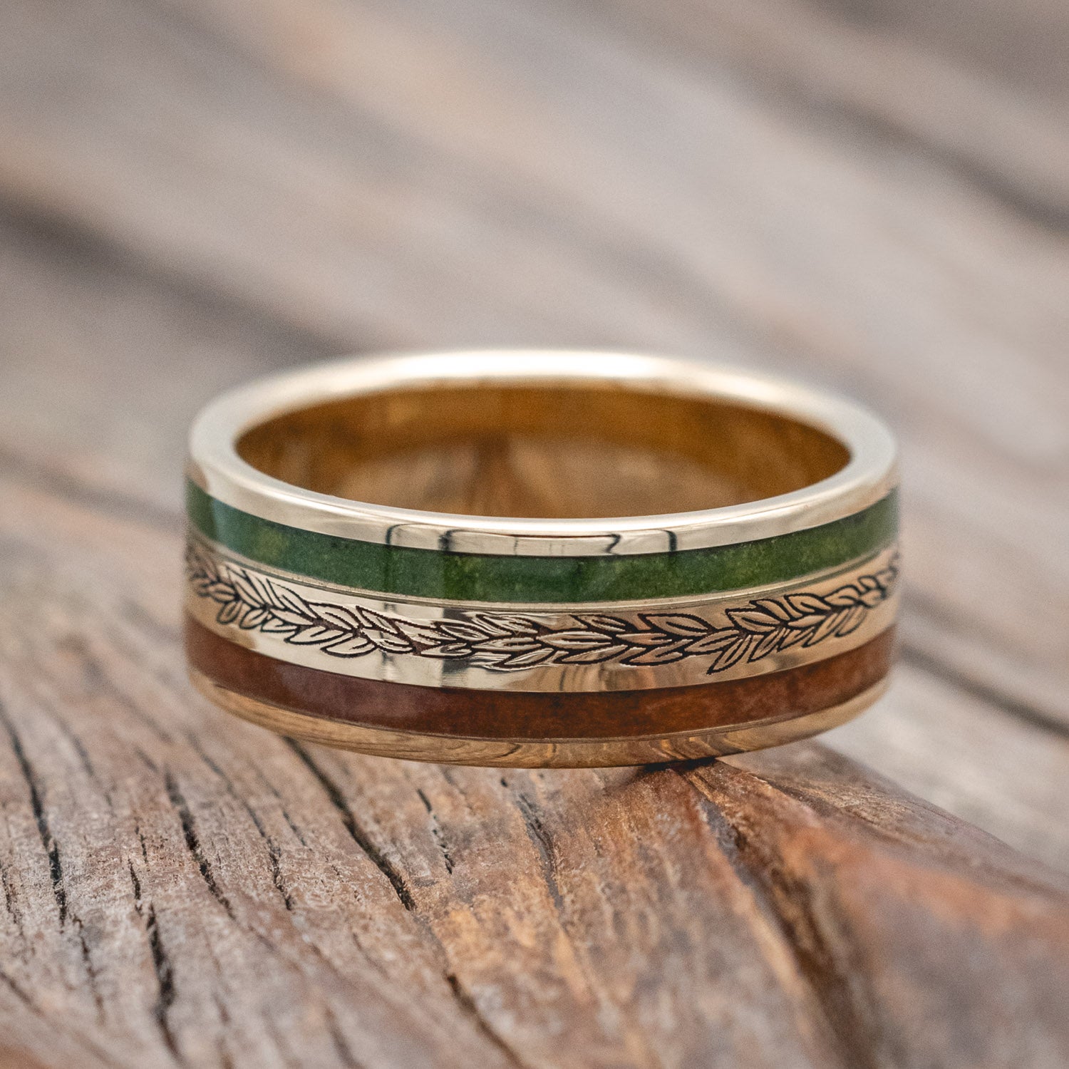 "Ryder" - laurel engraved men's wedding ring featuring redwood & moss inlays
