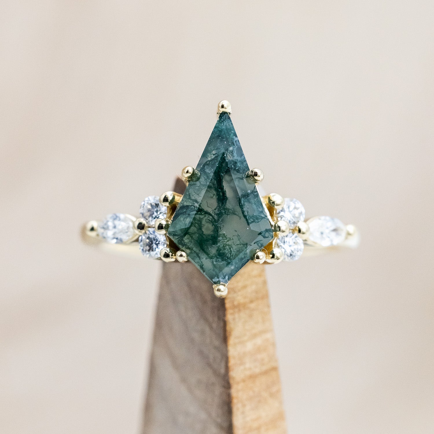 "SAGE" - BRIDAL SUITE - KITE CUT MOSS AGATE ENGAGEMENT RING WITH DIAMOND ACCENTS & TRACERS-Staghead Designs
