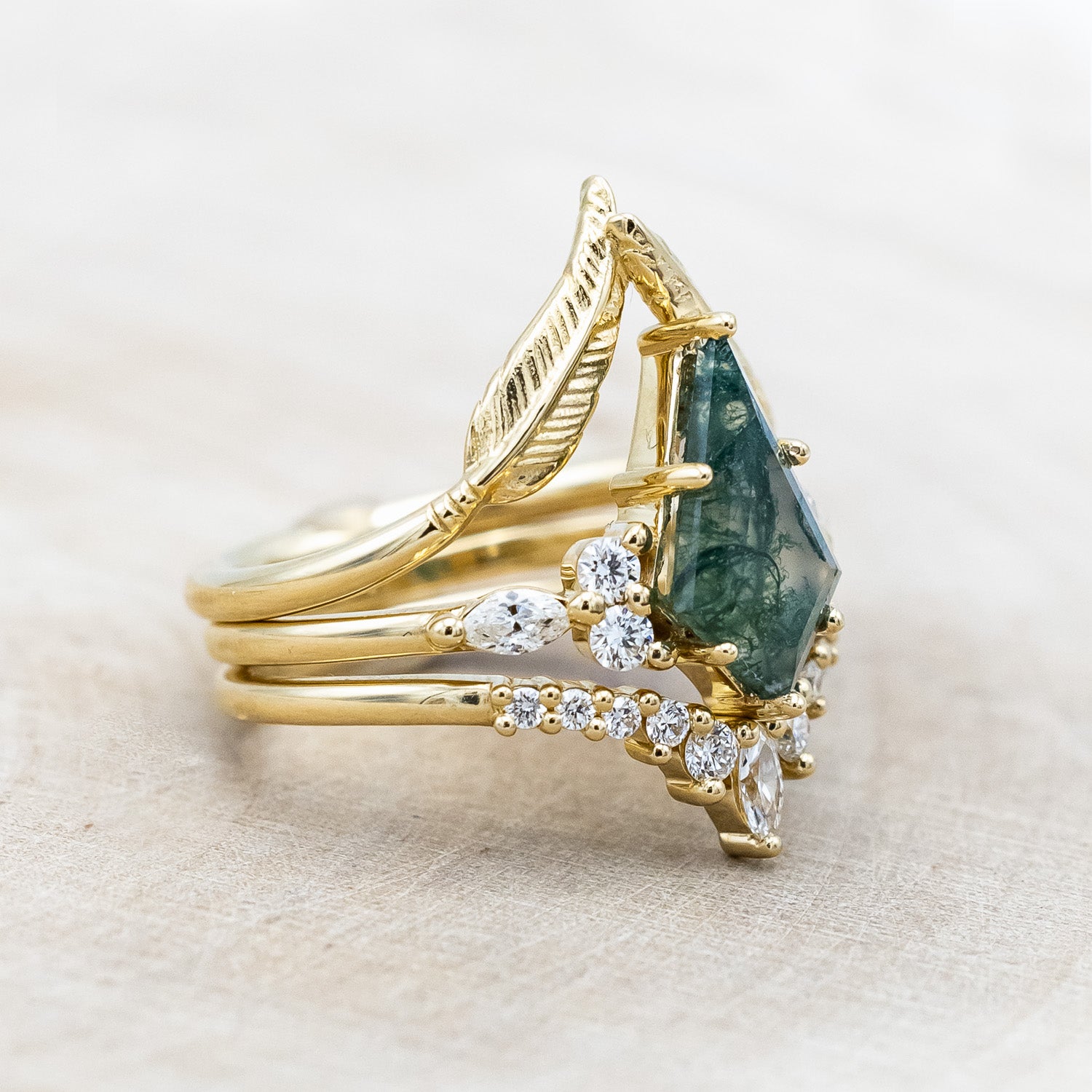 "SAGE" - BRIDAL SUITE - KITE CUT MOSS AGATE ENGAGEMENT RING WITH DIAMOND ACCENTS & TRACERS-Staghead Designs