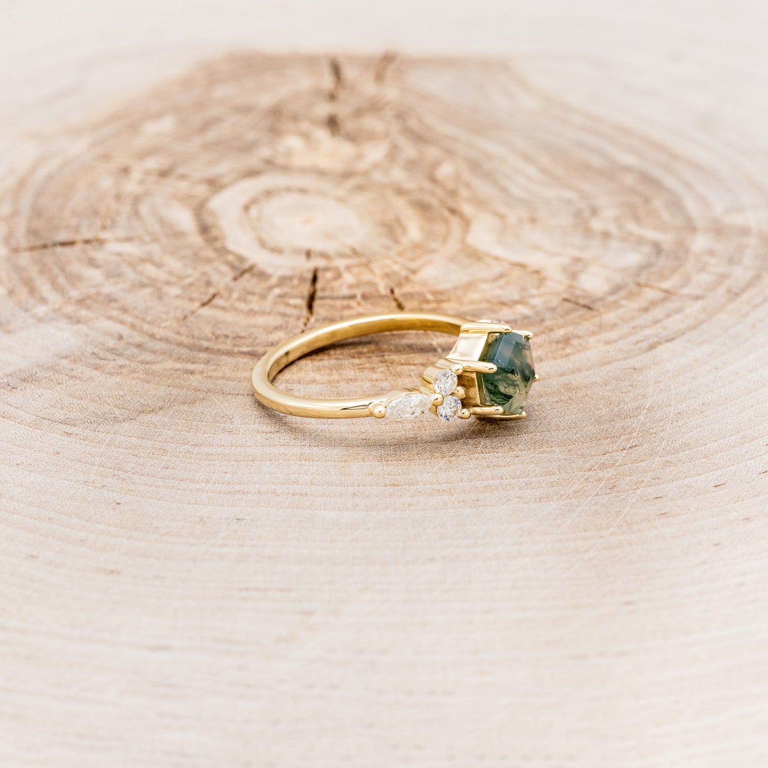 "SAGE" - HEXAGON MOSS AGATE ENGAGEMENT RING WITH DIAMOND ACCENTS-2