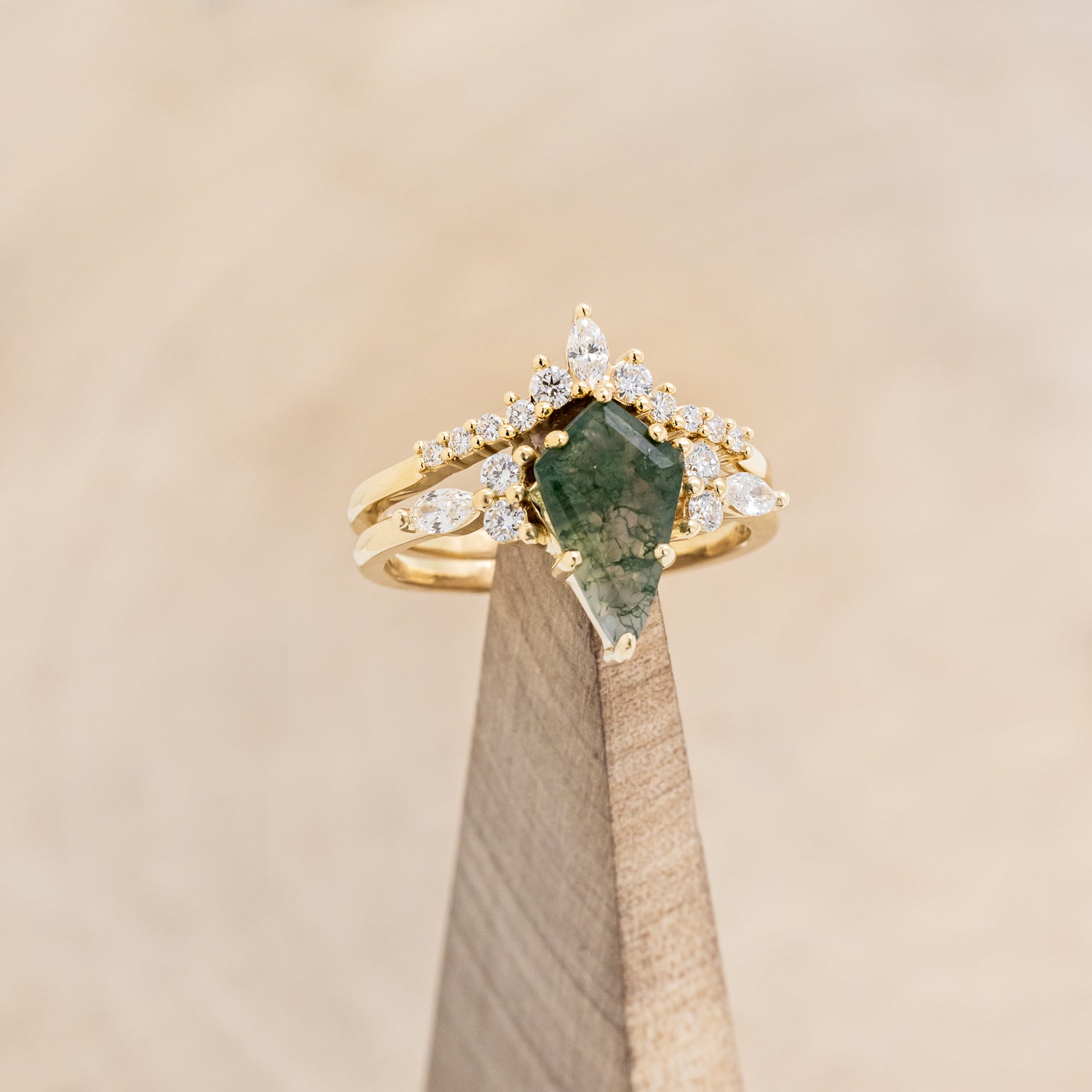 "SAGE" - KITE CUT MOSS AGATE ENGAGEMENT RING WITH DIAMOND ACCENTS & DIAMOND TRACER - EXPEDITED-7