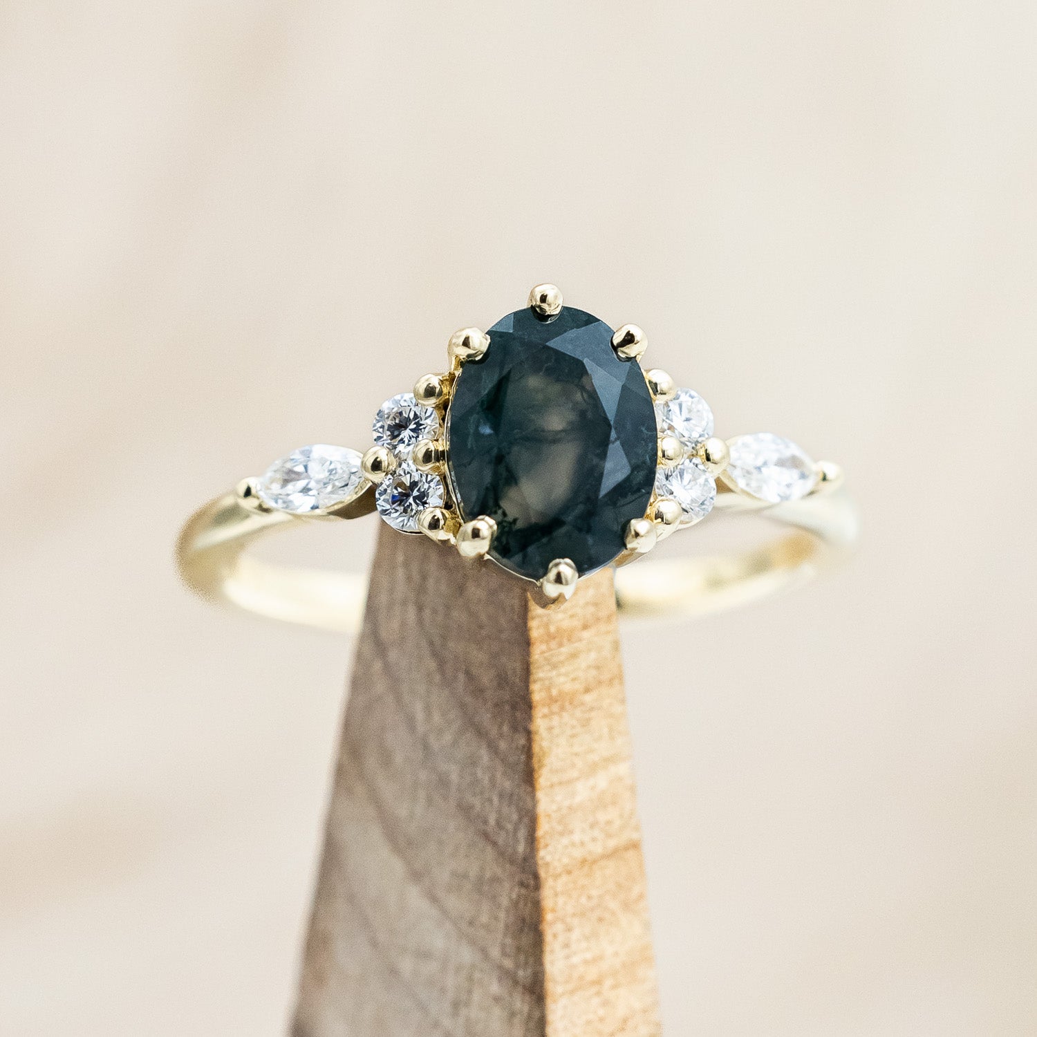 "SAGE" - OVAL CUT MOSS AGATE ENGAGEMENT RING WITH DIAMOND ACCENTS-Staghead Designs