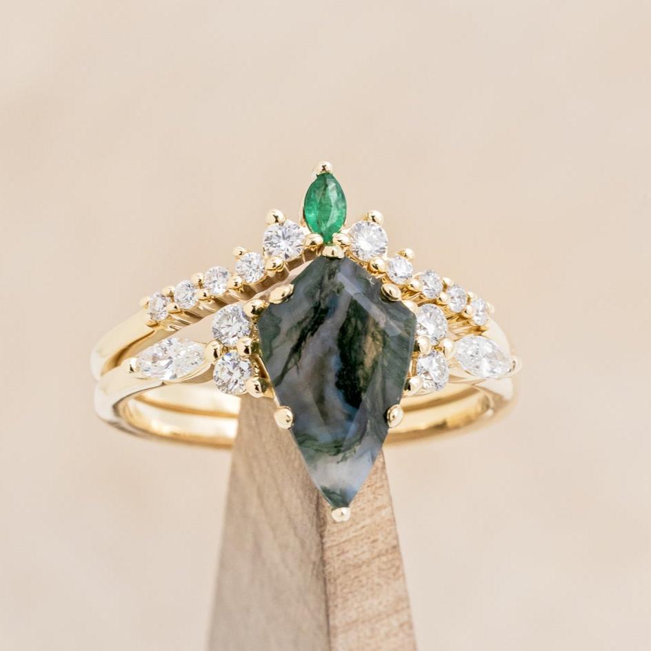 "SAGE" - KITE CUT MOSS AGATE ENGAGEMENT RING WITH DIAMOND ACCENTS & EMERALD TRACER-41