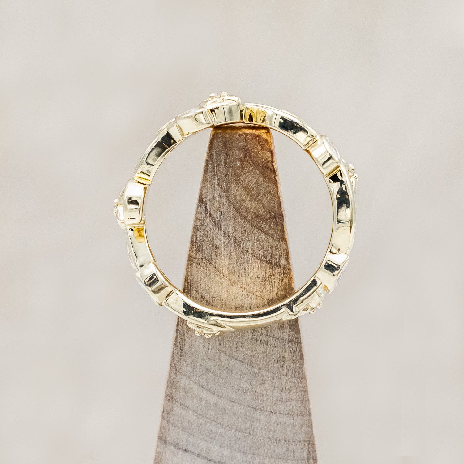 Top view of "Elowen" - sculptural-style vine & floral filigree band with diamond accents