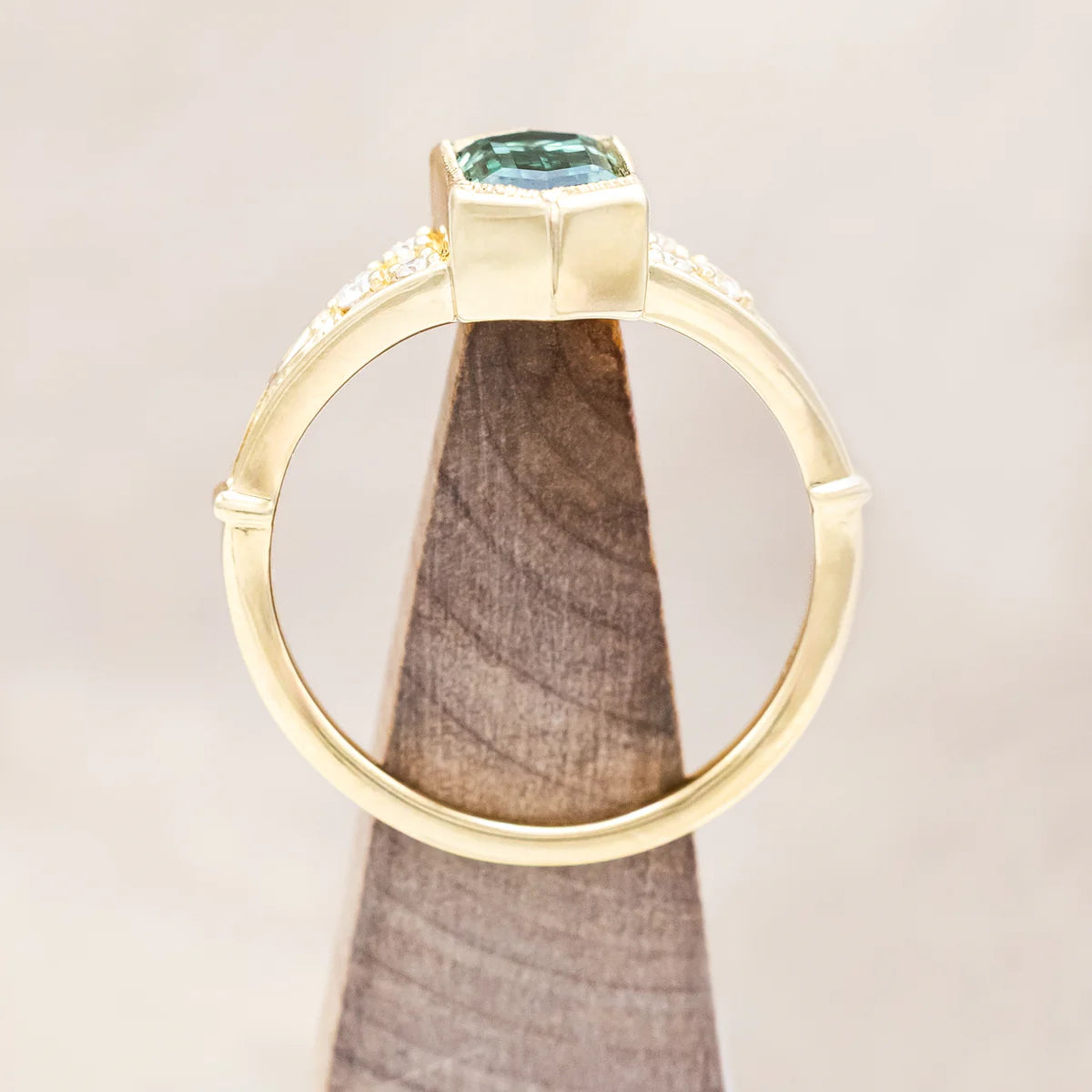 "Estelle" - Elongated Hexagon Cut Green Moissanite Engagement Ring With Crescent Moon & Diamond Accents - 14K Yellow Gold - Size 3 3/4