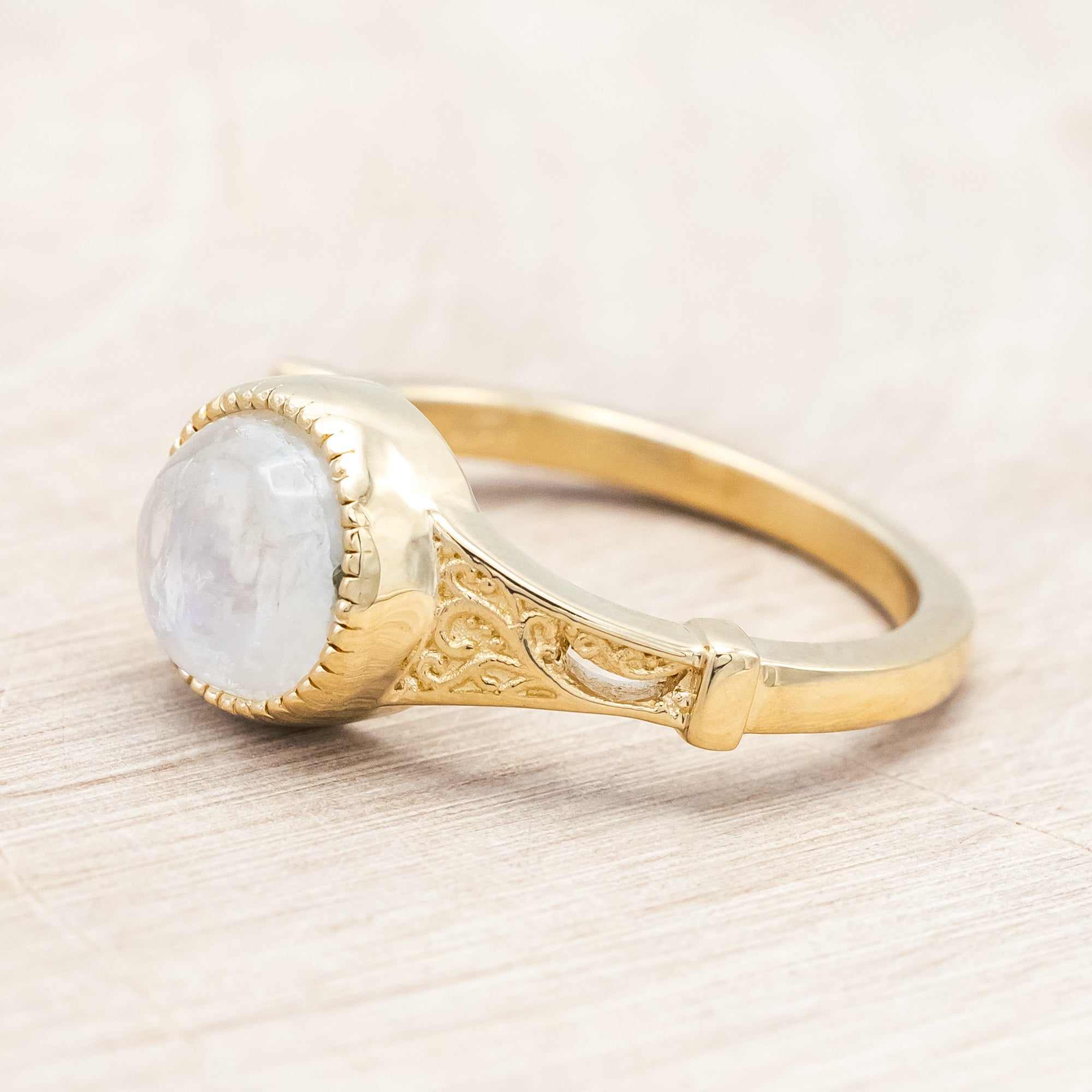 "SELENE" - ROUND CUT ENGAGEMENT RING WITH FILIGREE AND CRESCENT MOON ACCENTS-Staghead Designs