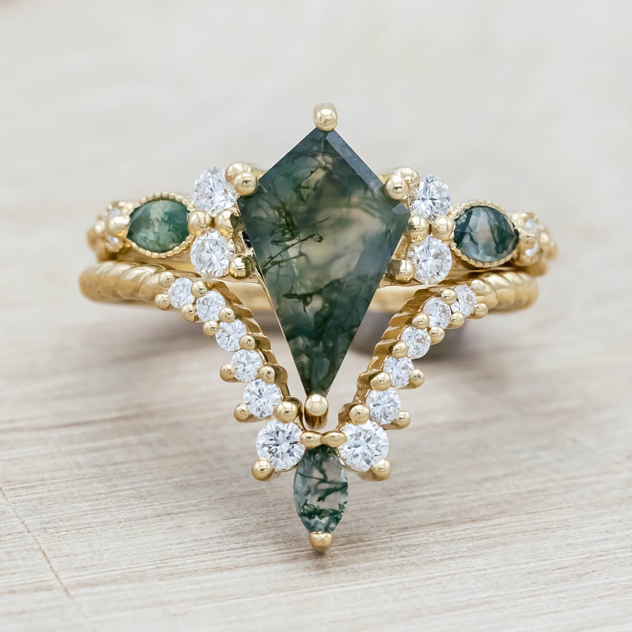 "SHIMMERING SAGE" - BRIDAL SUITE - KITE CUT MOSS AGATE ENGAGEMENT RING WITH MARQUISE MOSS AGATE ACCENTS & A DIAMOND TRACER-Staghead Designs