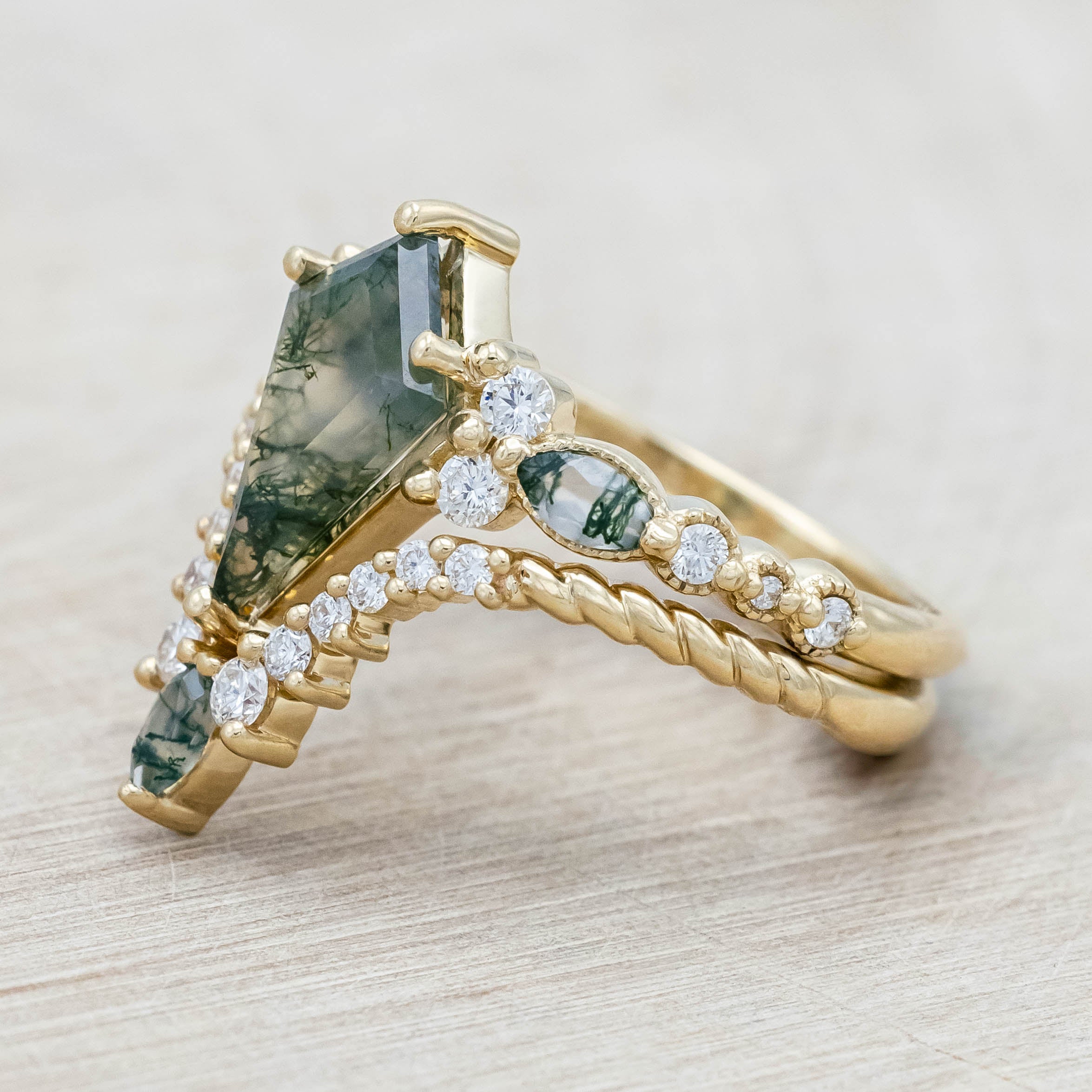 "SHIMMERING SAGE" - BRIDAL SUITE - KITE CUT MOSS AGATE ENGAGEMENT RING WITH MARQUISE MOSS AGATE ACCENTS & A DIAMOND TRACER-Staghead Designs