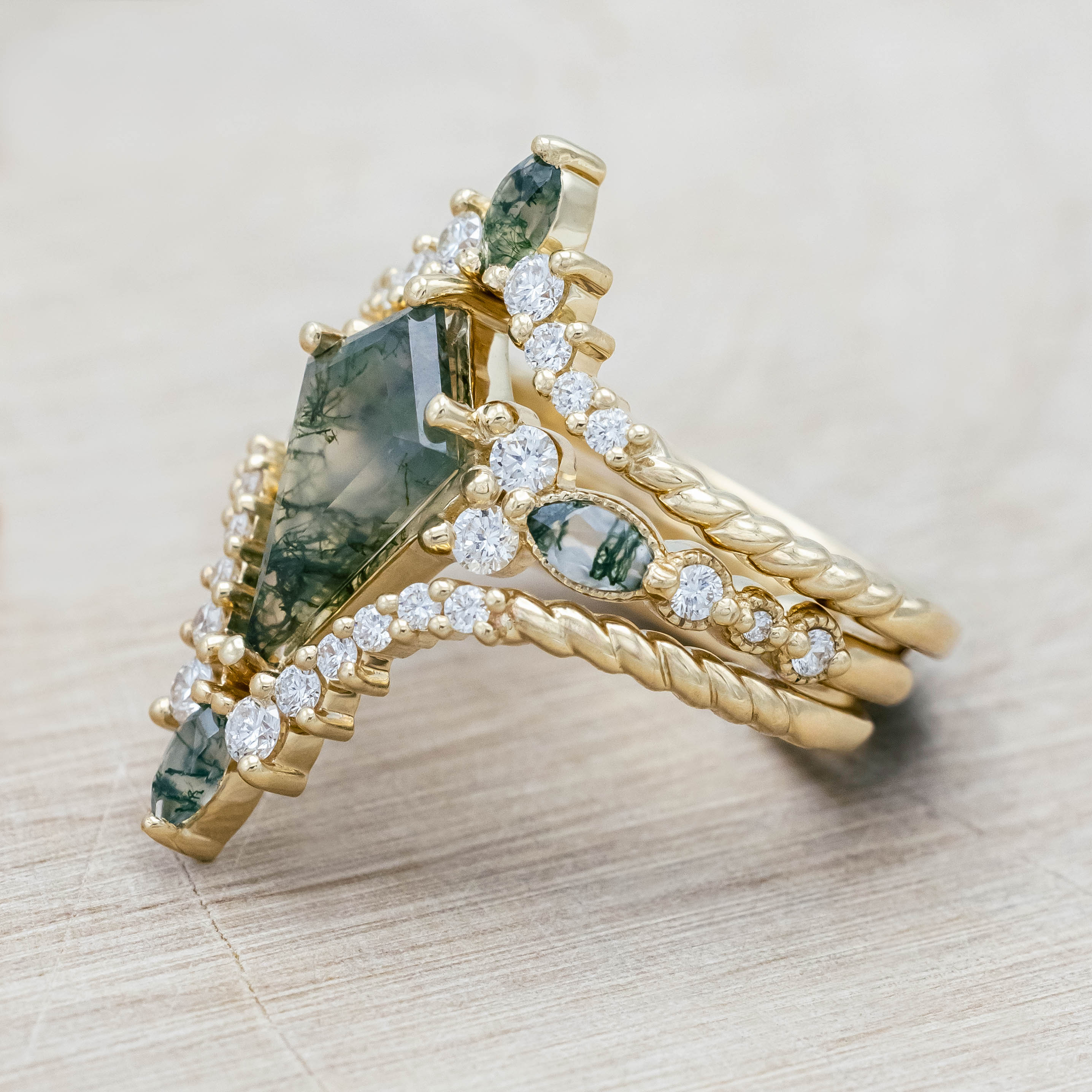 "SHIMMERING SAGE" - BRIDAL SUITE - KITE CUT MOSS AGATE ENGAGEMENT RING WITH MARQUISE MOSS AGATE ACCENTS & A DIAMOND TRACER-Staghead Designs