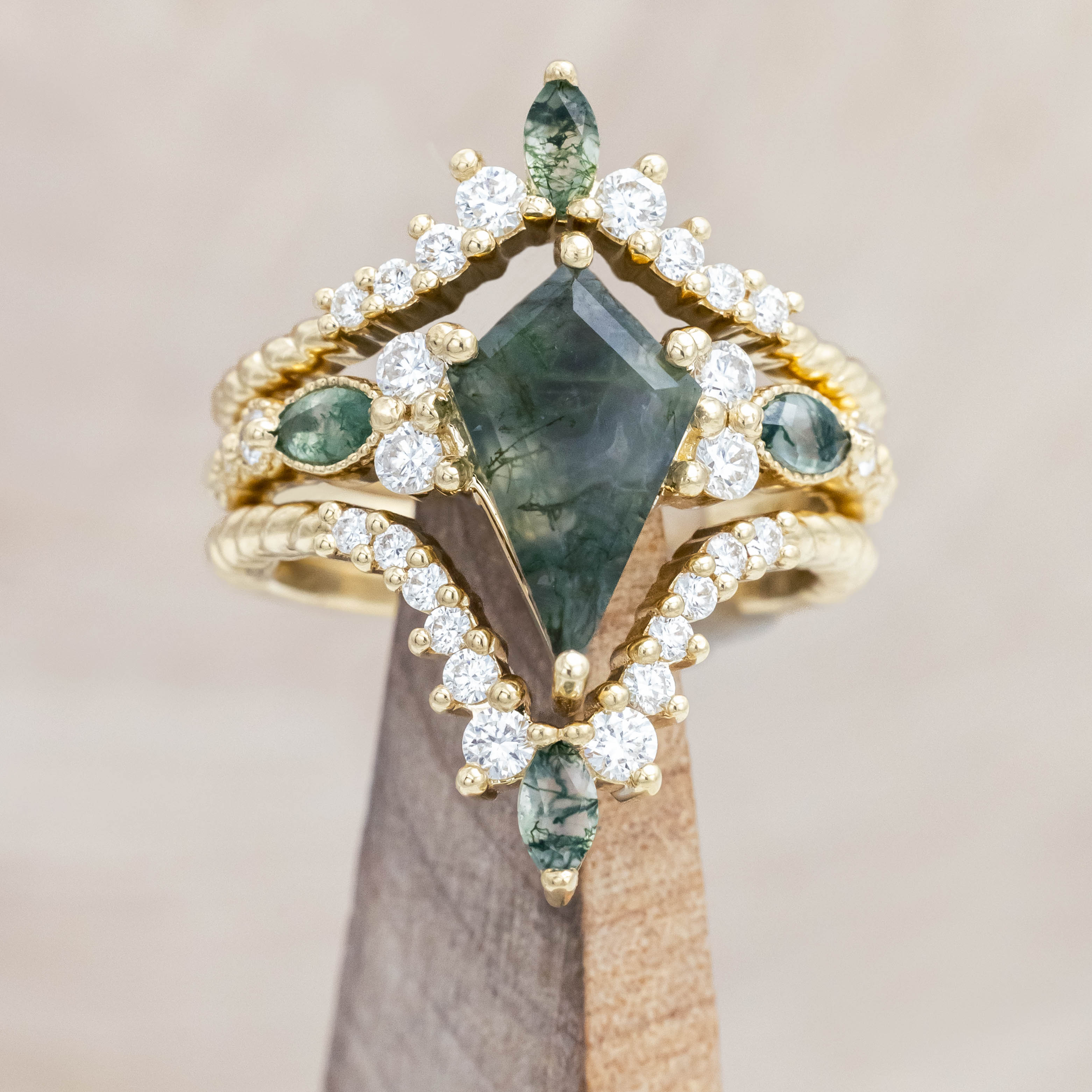 "SHIMMERING SAGE" - BRIDAL SUITE - KITE CUT MOSS AGATE ENGAGEMENT RING WITH MARQUISE MOSS AGATE ACCENTS & A DIAMOND TRACER-Staghead Designs
